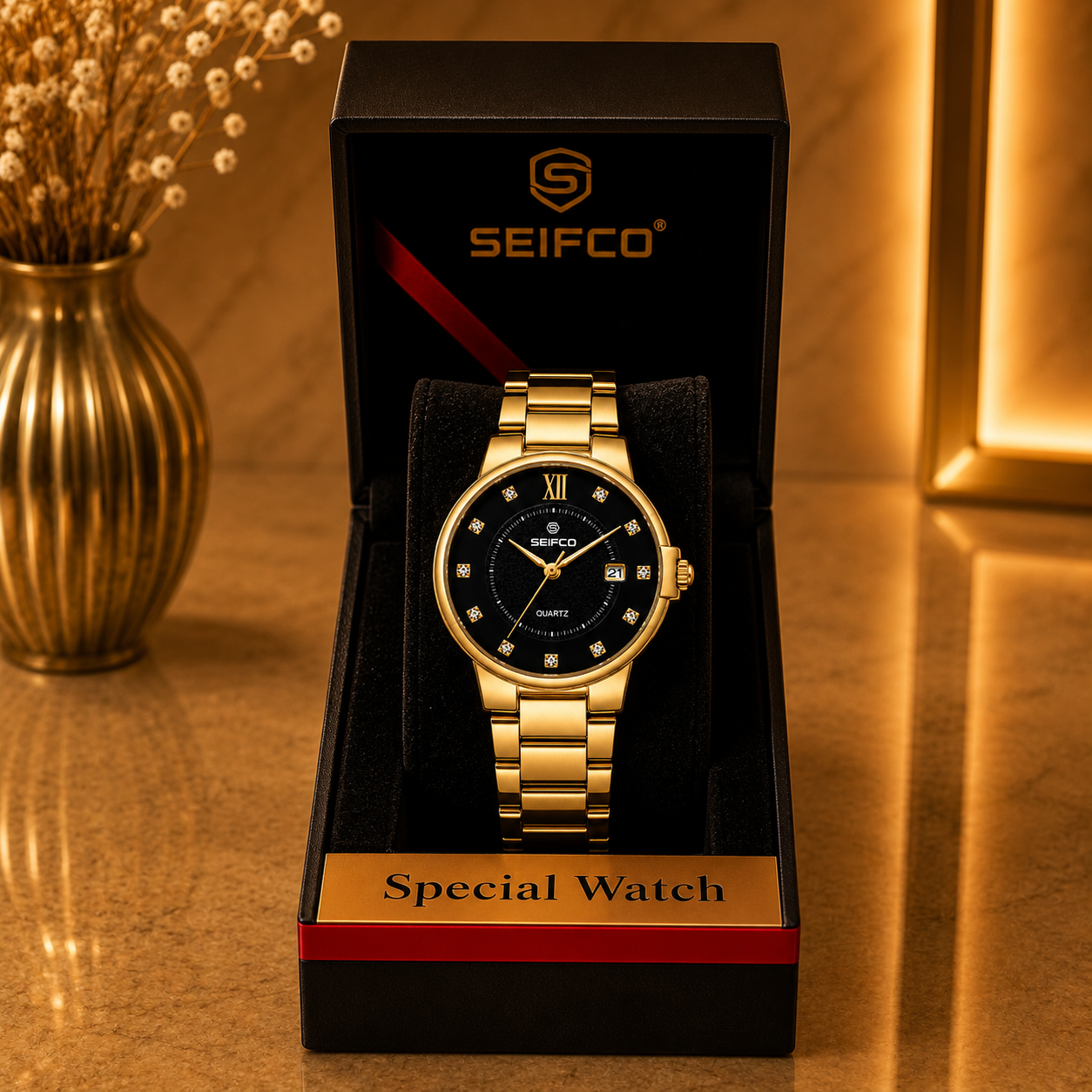 SEIFCO Classic Men's Stainless Steel Quartz Watch, Black Dial, Gold - الصورة 5