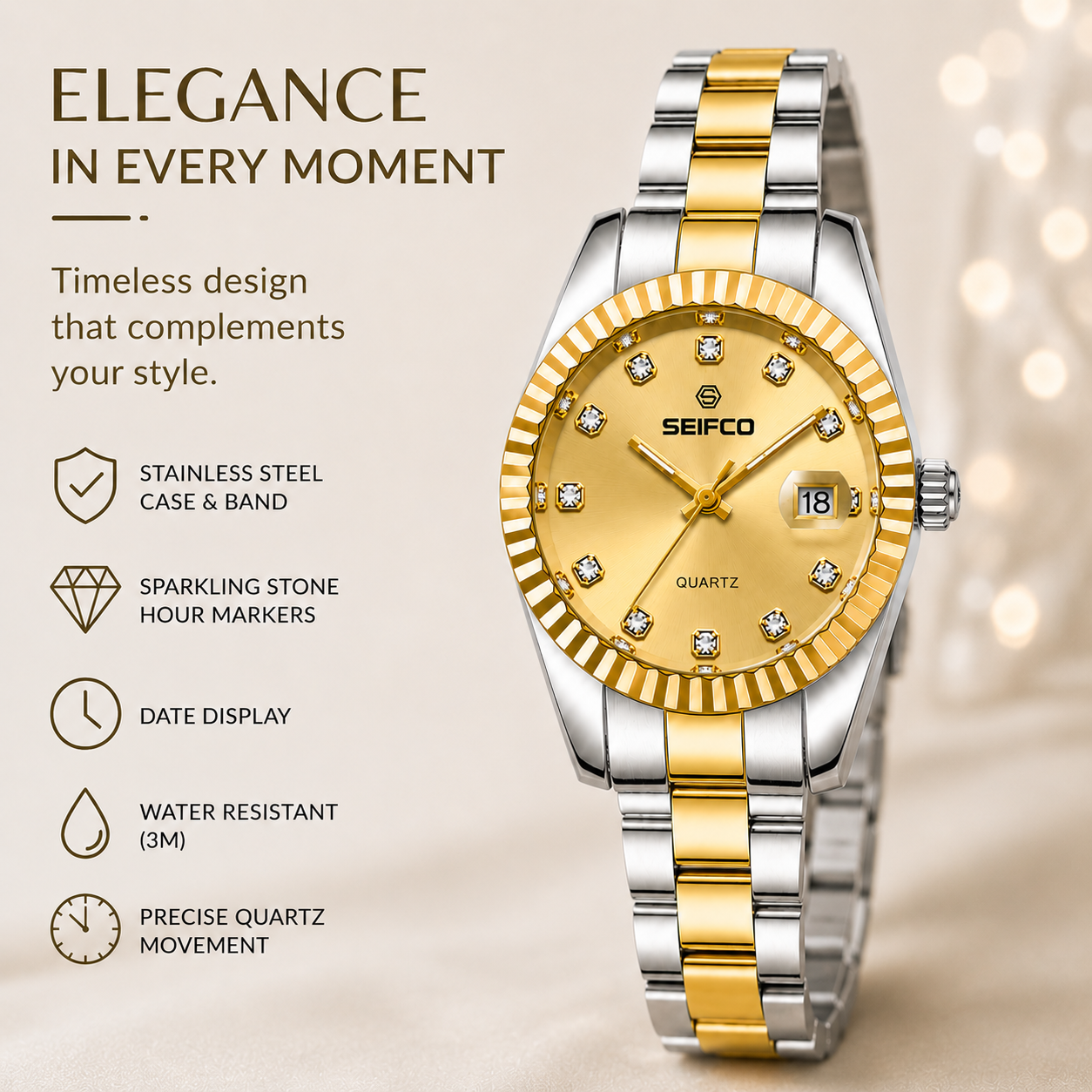 SEIFCO Classic Women Stainless Steel Quartz Watch, Gold Dial, Silver Gold - الصورة 2