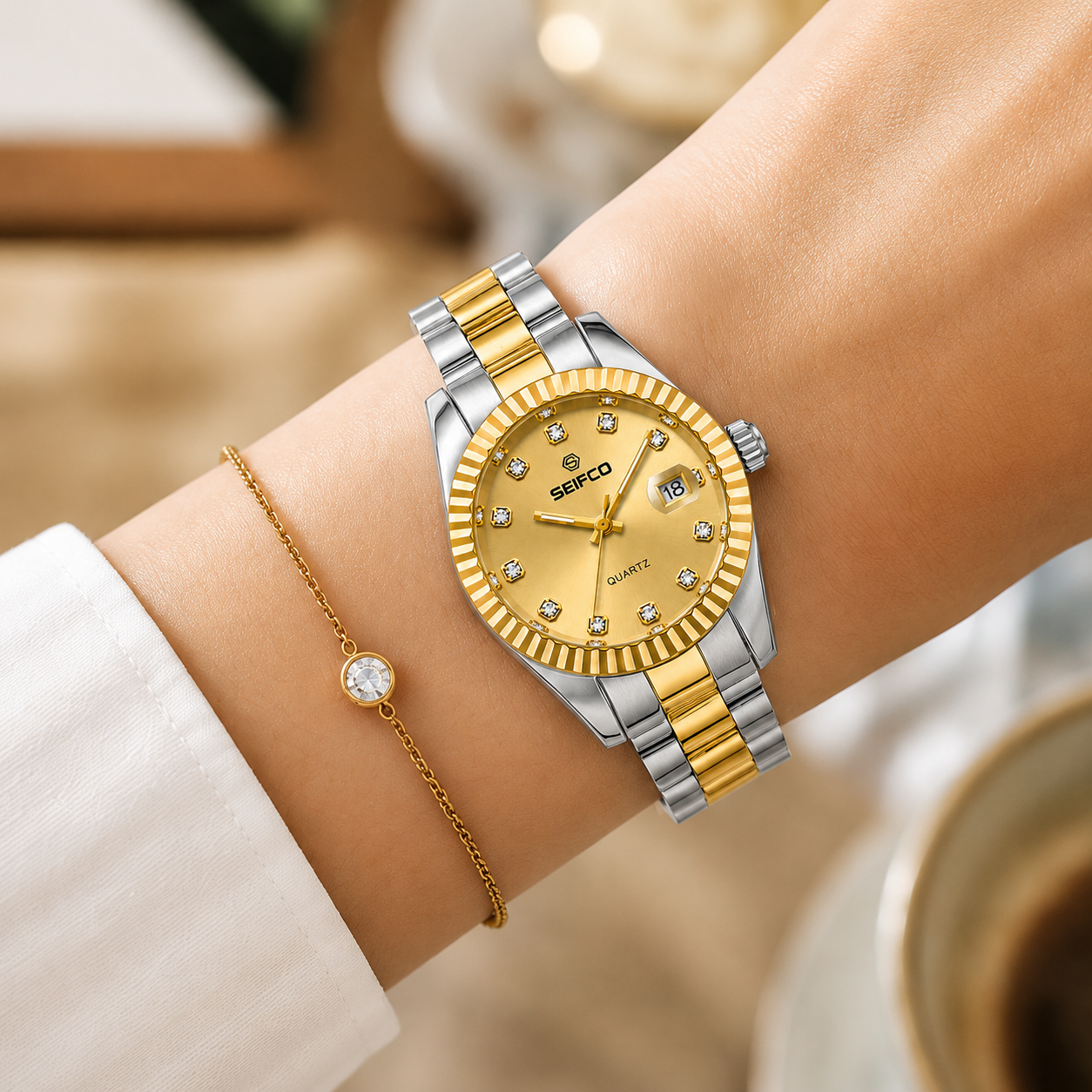 SEIFCO Classic Women Stainless Steel Quartz Watch, Gold Dial, Silver Gold - الصورة 3