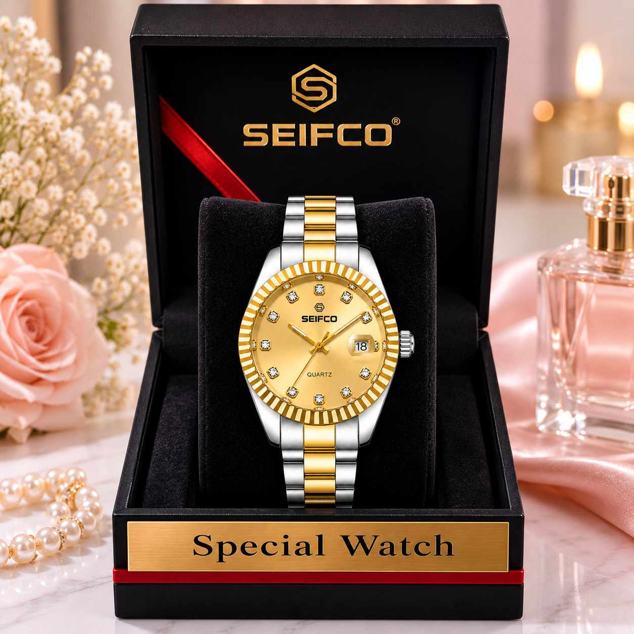 SEIFCO Classic Women Stainless Steel Quartz Watch, Gold Dial, Silver Gold - الصورة 4