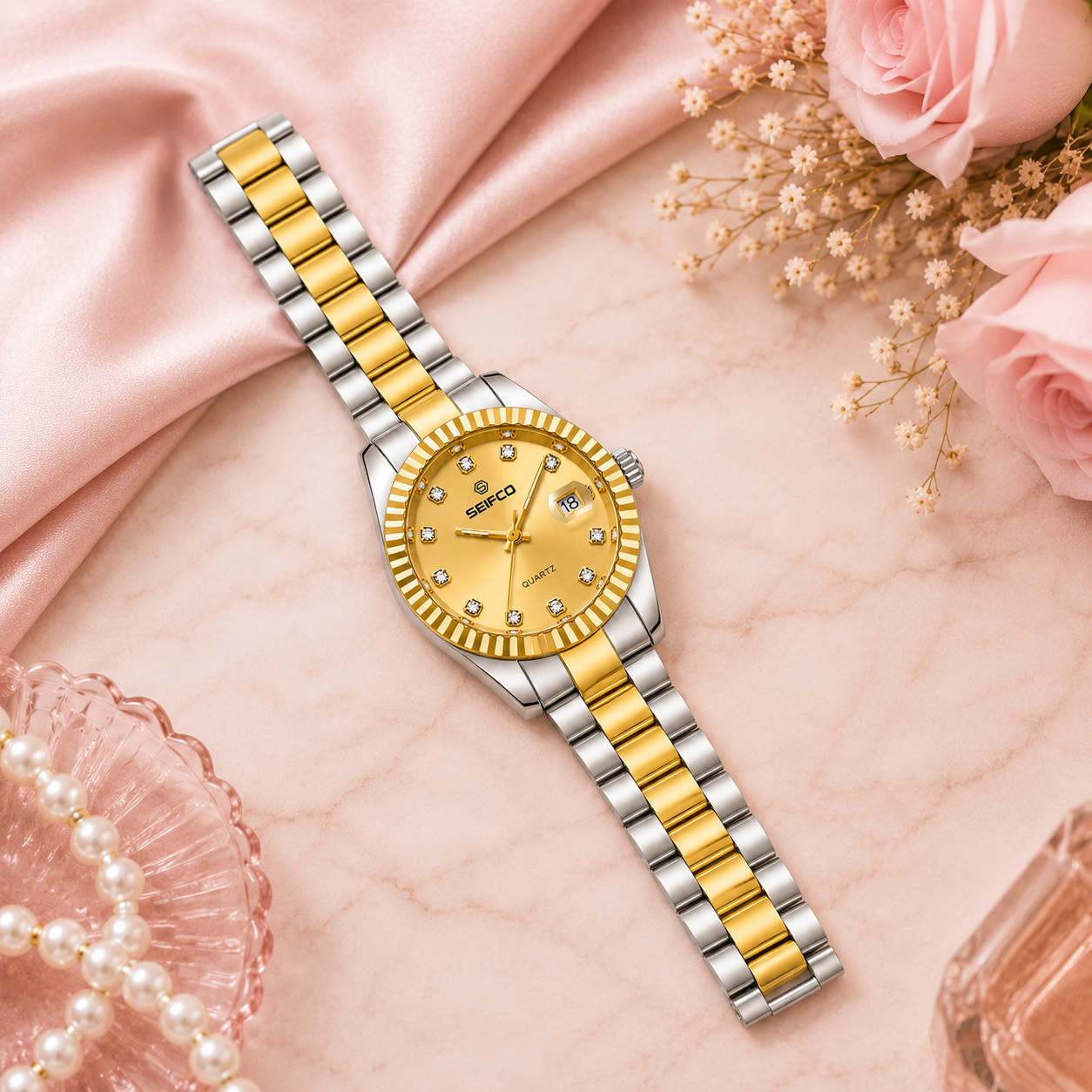 SEIFCO Classic Women Stainless Steel Quartz Watch, Gold Dial, Silver Gold - الصورة 5
