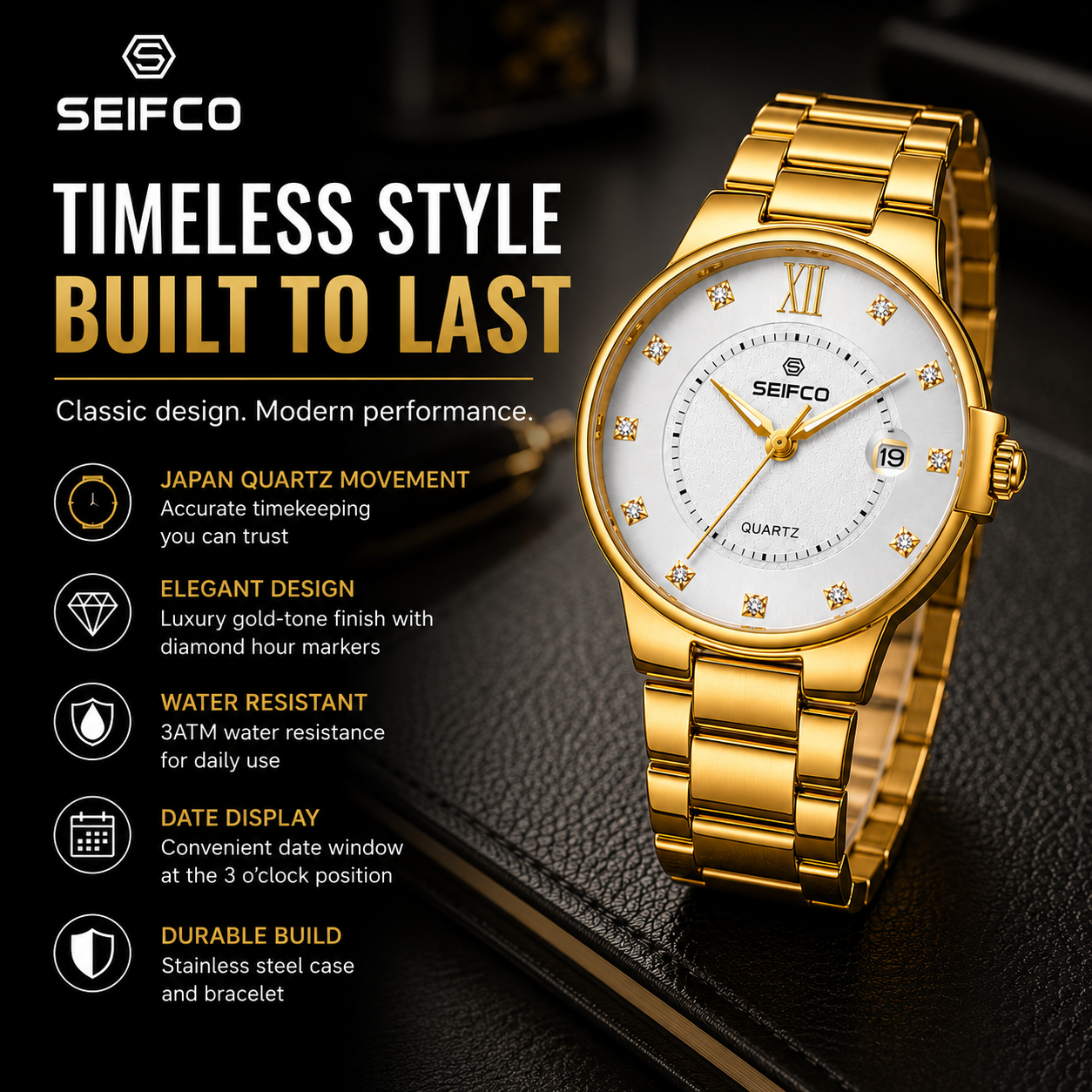 SEIFCO Classic Men's Stainless Steel Quartz Watch, White Dial, Gold - الصورة 5