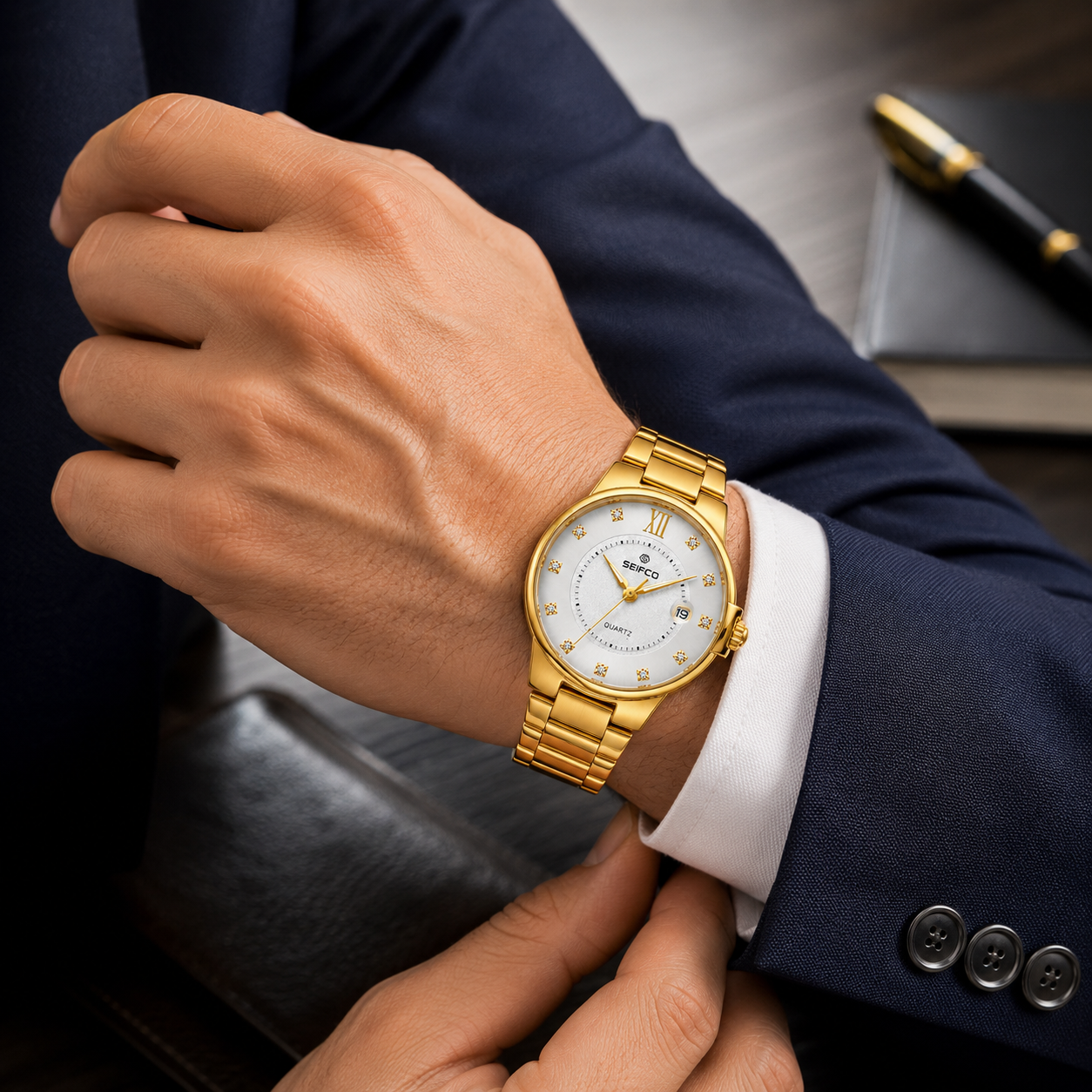 SEIFCO Classic Men's Stainless Steel Quartz Watch, White Dial, Gold - الصورة 4