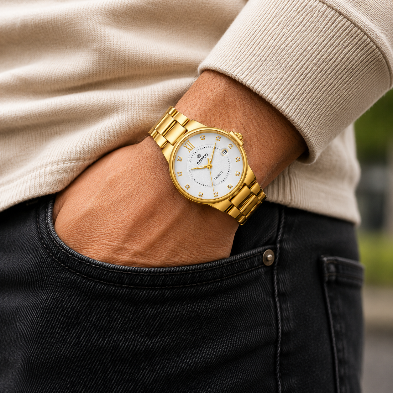 SEIFCO Classic Men's Stainless Steel Quartz Watch, White Dial, Gold - الصورة 3