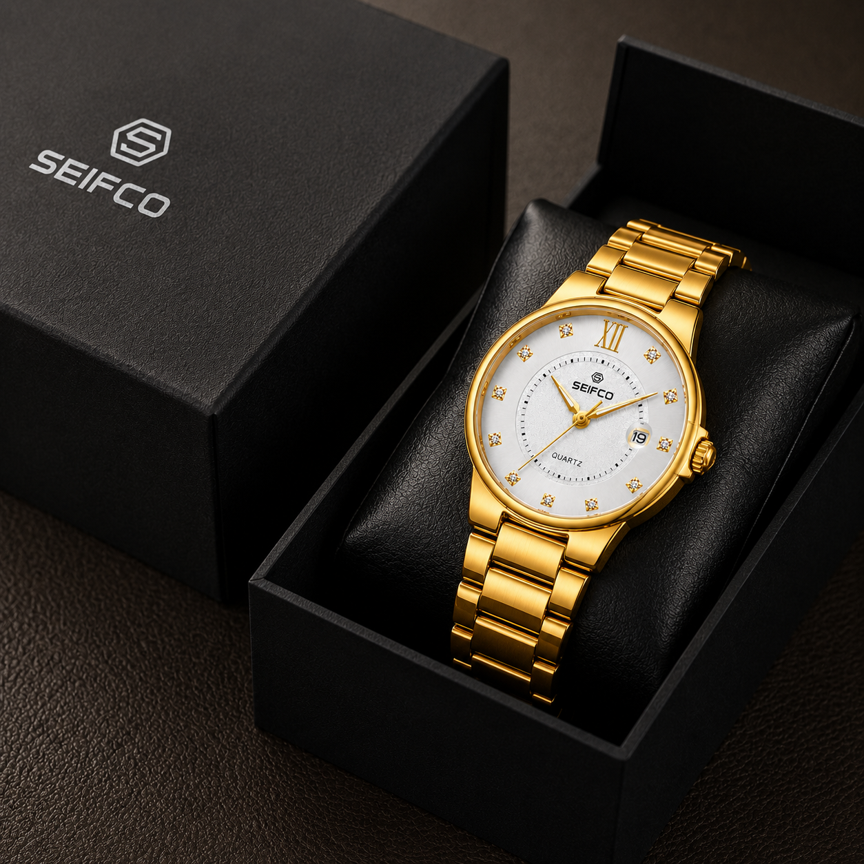 SEIFCO Classic Men's Stainless Steel Quartz Watch, White Dial, Gold - الصورة 2