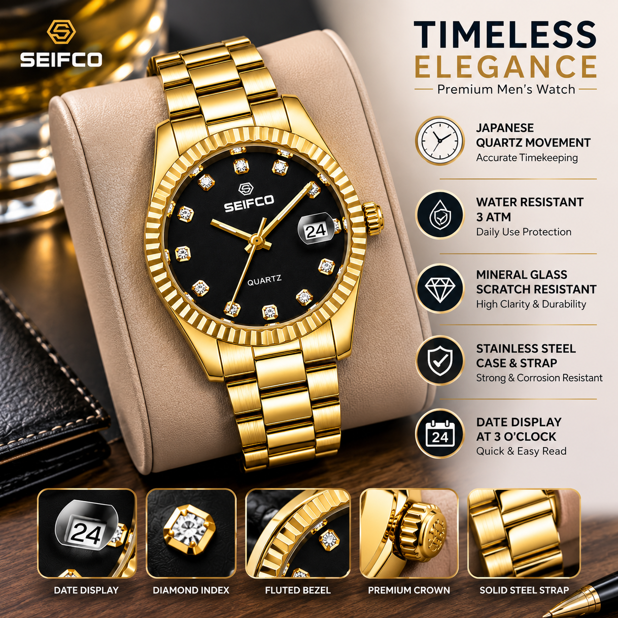 SEIFCO Classic Men's Stainless Steel Quartz Watch, Black Dial, Gold - الصورة 5