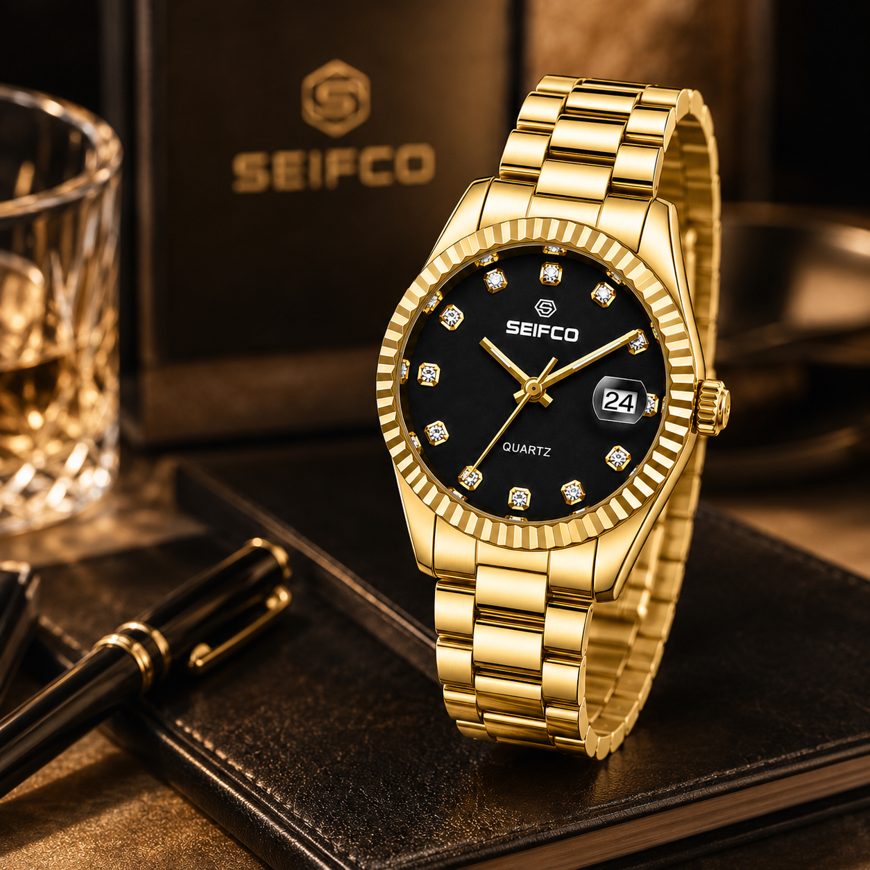 SEIFCO Classic Men's Stainless Steel Quartz Watch, Black Dial, Gold - الصورة 4