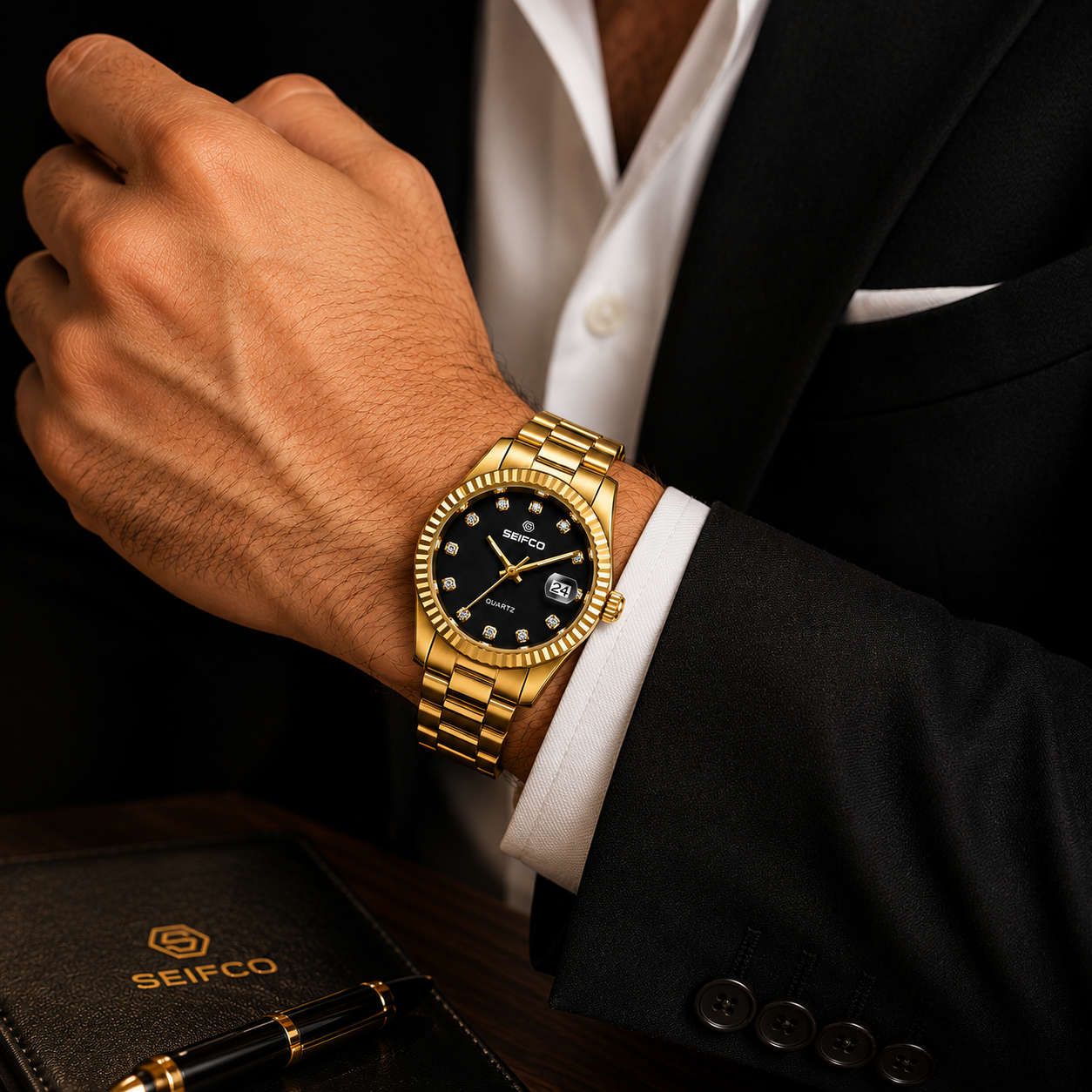 SEIFCO Classic Men's Stainless Steel Quartz Watch, Black Dial, Gold - الصورة 2