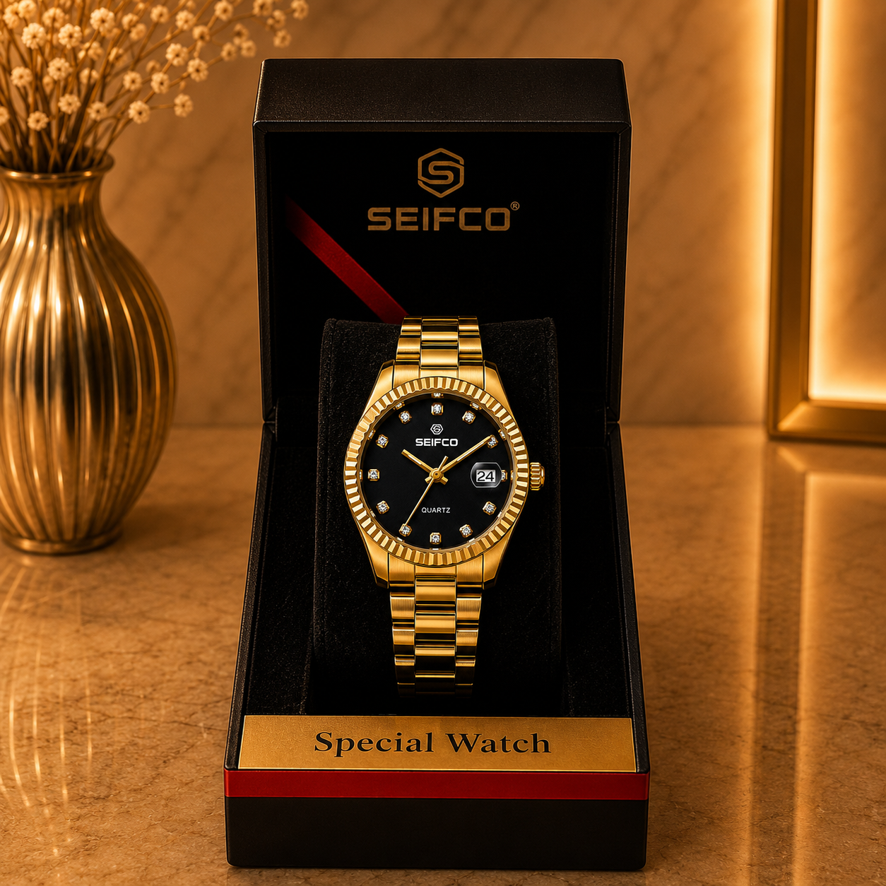 SEIFCO Classic Men's Stainless Steel Quartz Watch, Black Dial, Gold - الصورة 3
