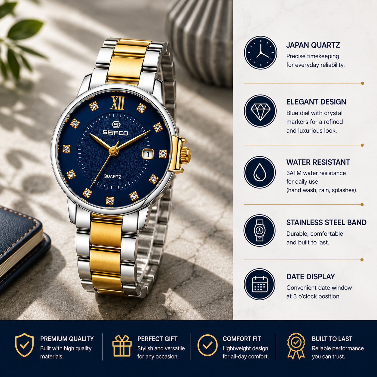 SEIFCO Classic Men's Stainless Steel Quartz Watch, Blue Dial, Silver Gold - الصورة 2