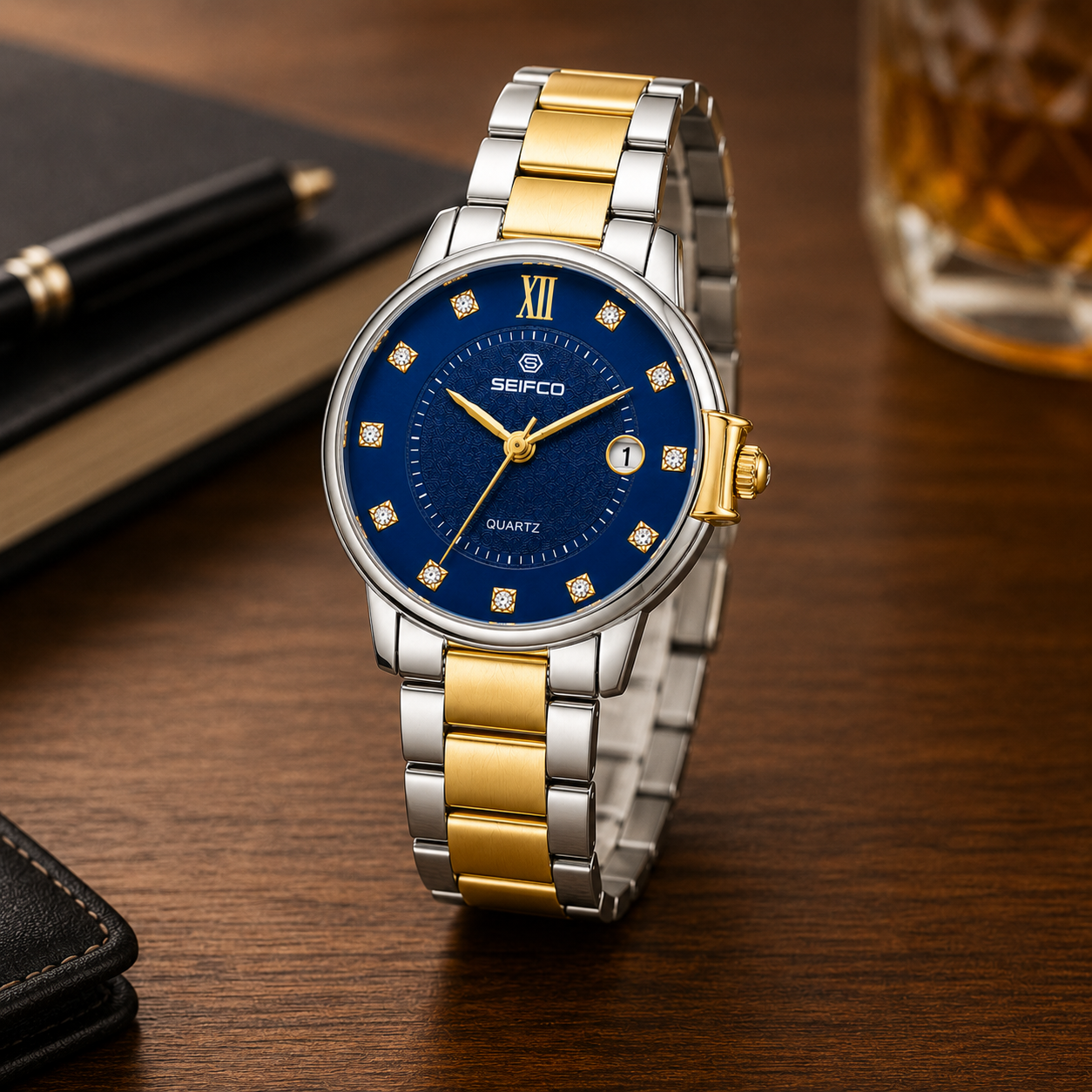 SEIFCO Classic Men's Stainless Steel Quartz Watch, Blue Dial, Silver Gold - الصورة 3