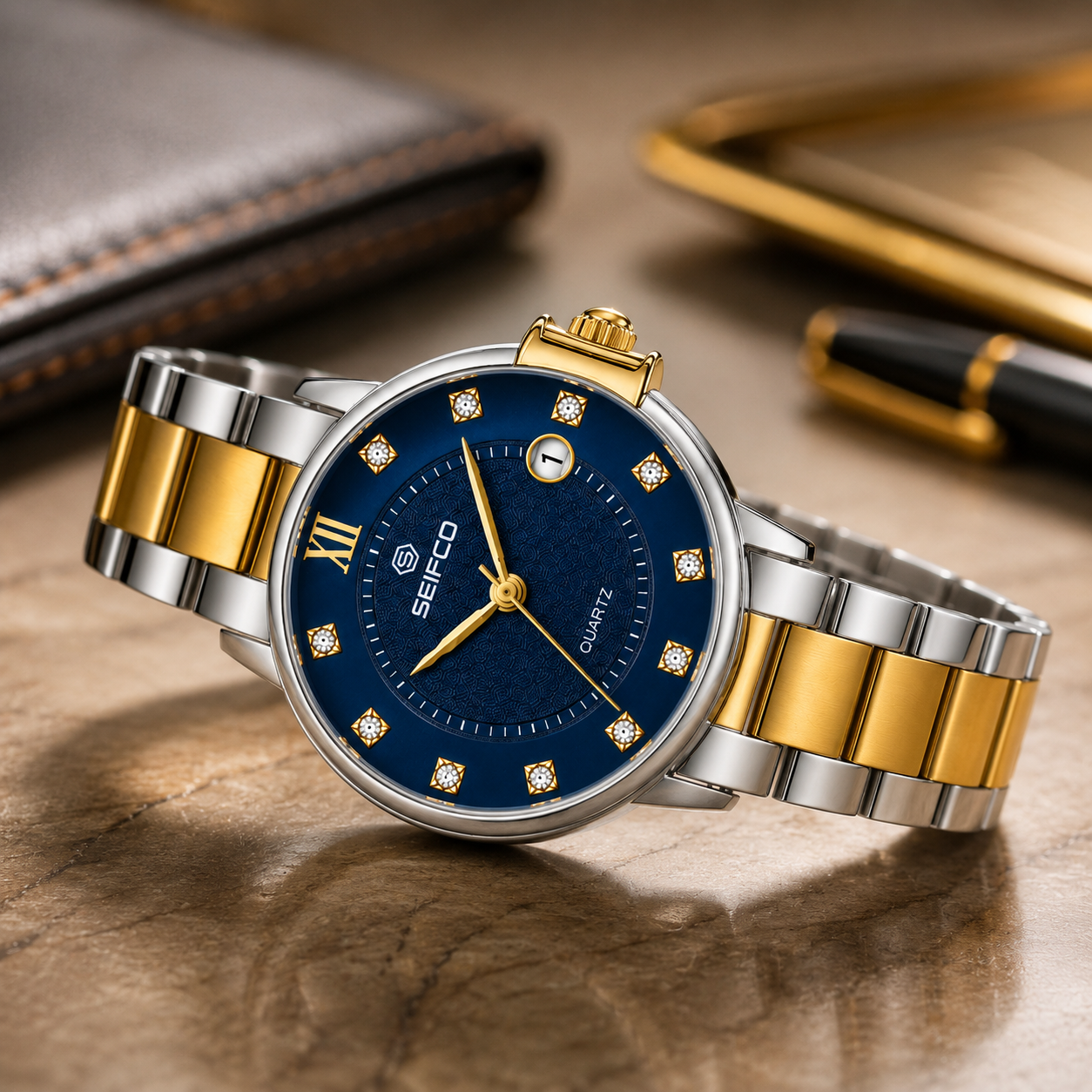 SEIFCO Classic Men's Stainless Steel Quartz Watch, Blue Dial, Silver Gold - الصورة 4