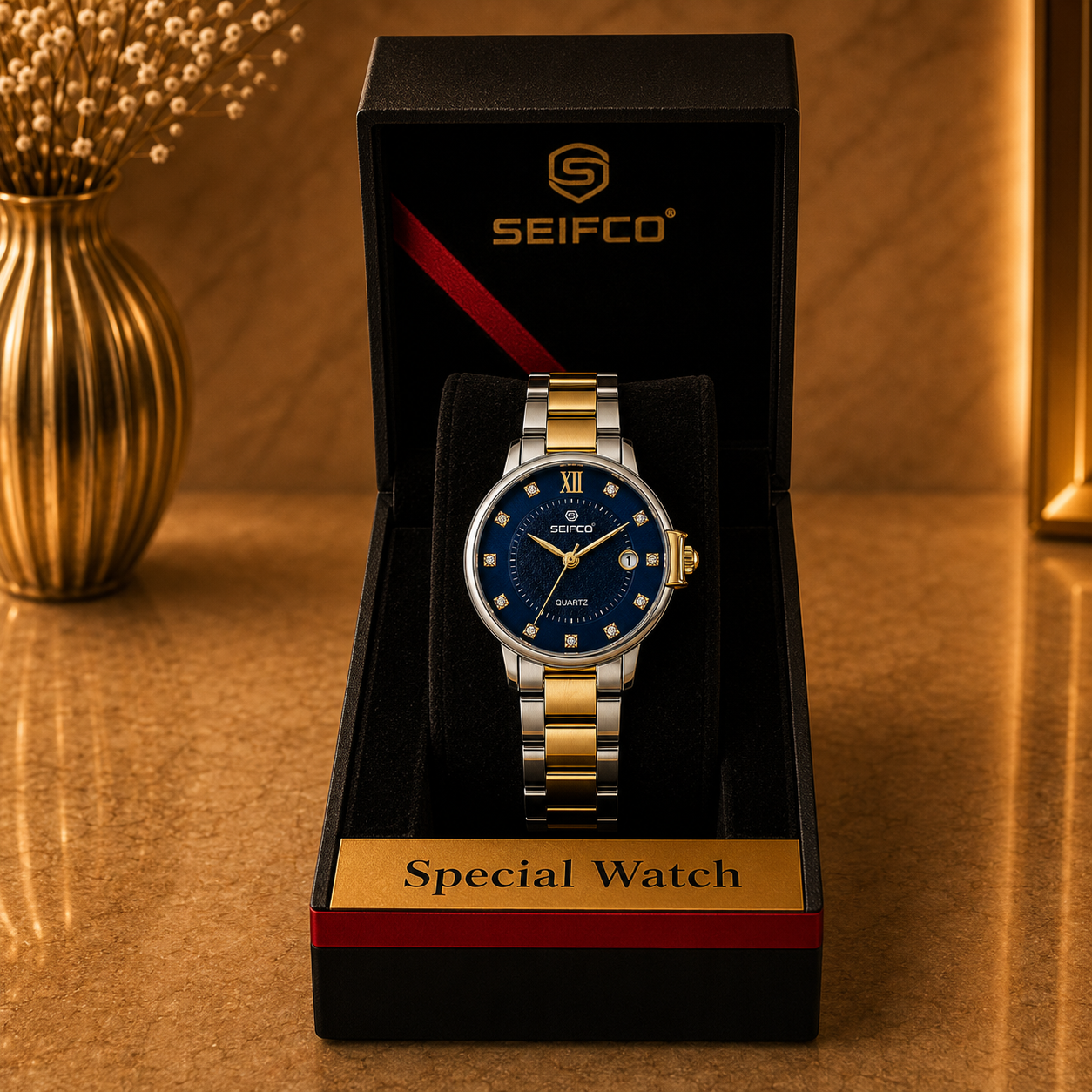 SEIFCO Classic Men's Stainless Steel Quartz Watch, Blue Dial, Silver Gold - الصورة 5