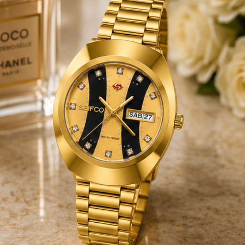 SEIFCO Classic Unisex Stainless Steel Watch with Black & Gold Dial - الصورة 3