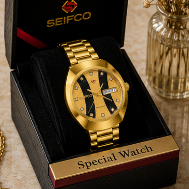 SEIFCO Classic Unisex Stainless Steel Watch with Black & Gold Dial - الصورة 4