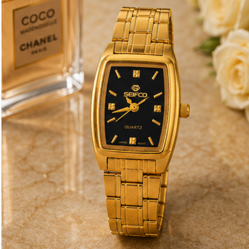 SEIFCO Classic Women’s Stainless Steel Quartz Watch with Black Dial and Gold Bracelet - الصورة 4