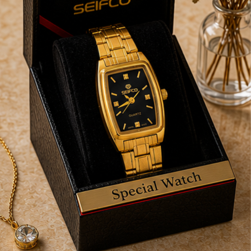 SEIFCO Classic Women’s Stainless Steel Quartz Watch with Black Dial and Gold Bracelet - الصورة 3