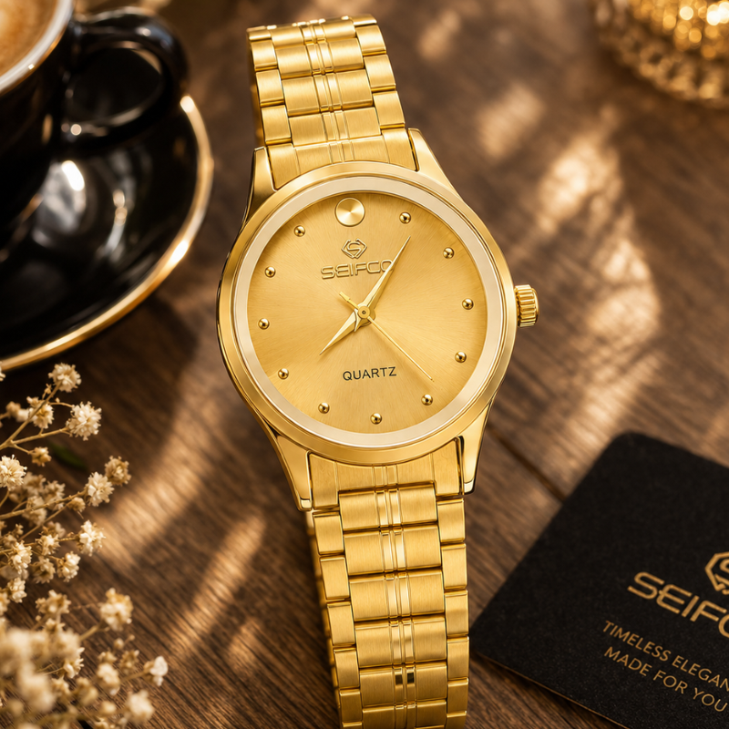 SEIFCO Classic Women’s Stainless Steel Quartz Watch with Gold Dial and Gold Bracelet - الصورة 3
