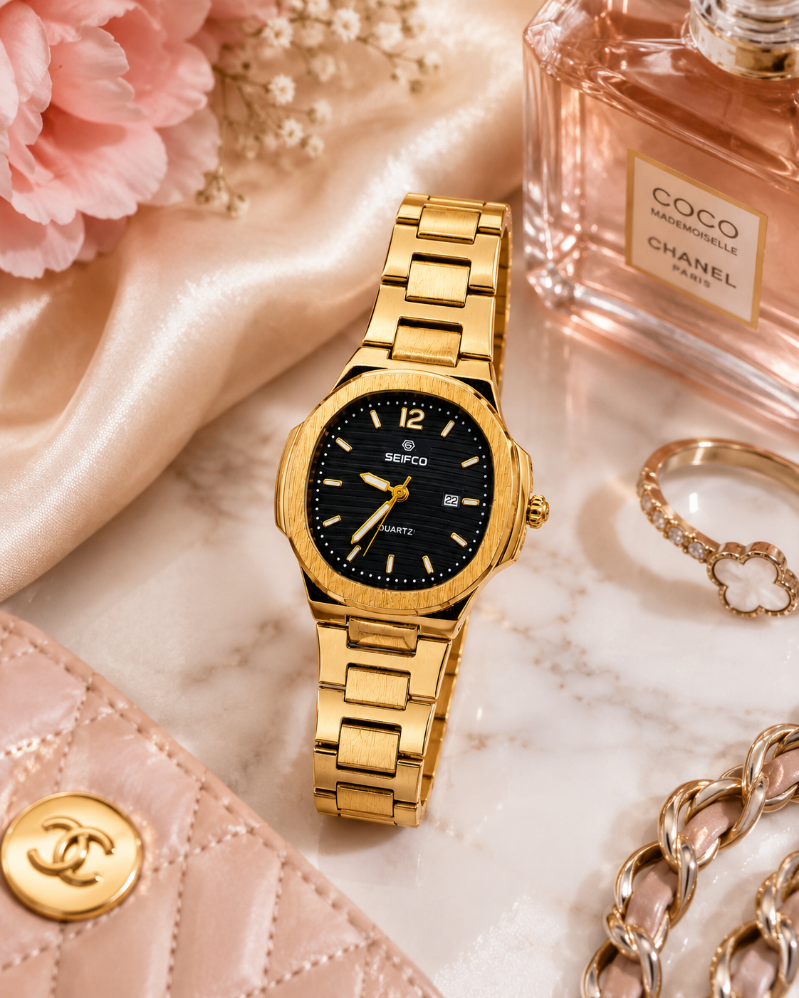 SEIFCO Classic Women Stainless Steel Quartz Watch, Black Dial, Gold - الصورة 2