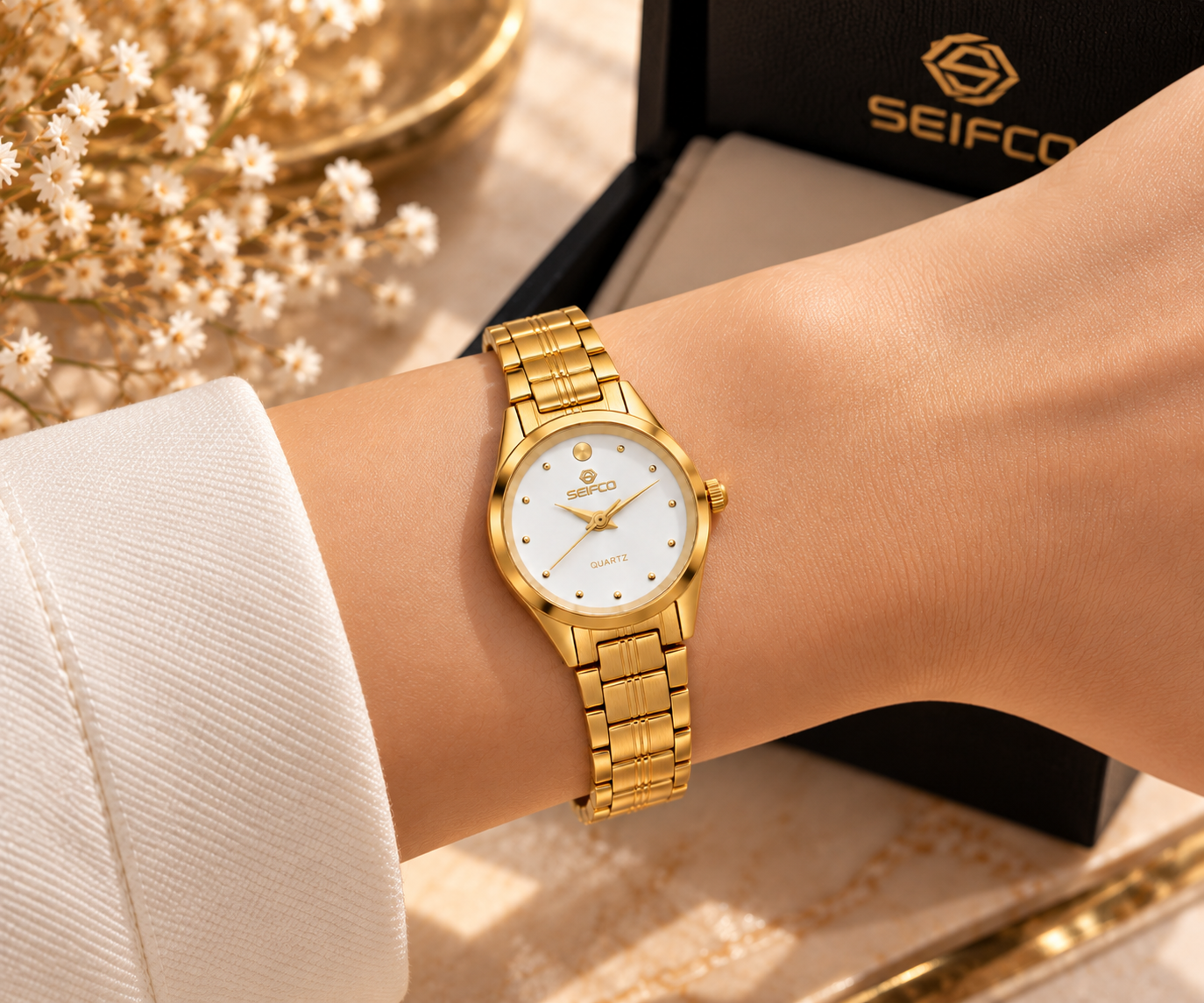 SEIFCO Classic Women’s Stainless Steel Quartz Watch with White Dial and Gold Bracelet - الصورة 2