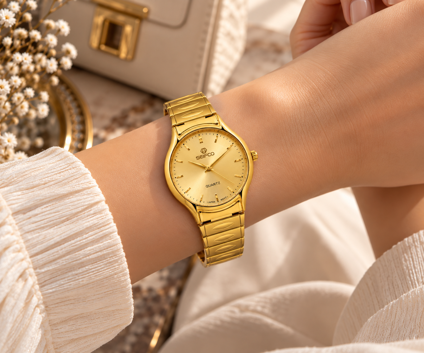 Seifco unisex Quartz Watch, Gold Dial, Gold Stainless Steel Bracelet - الصورة 2