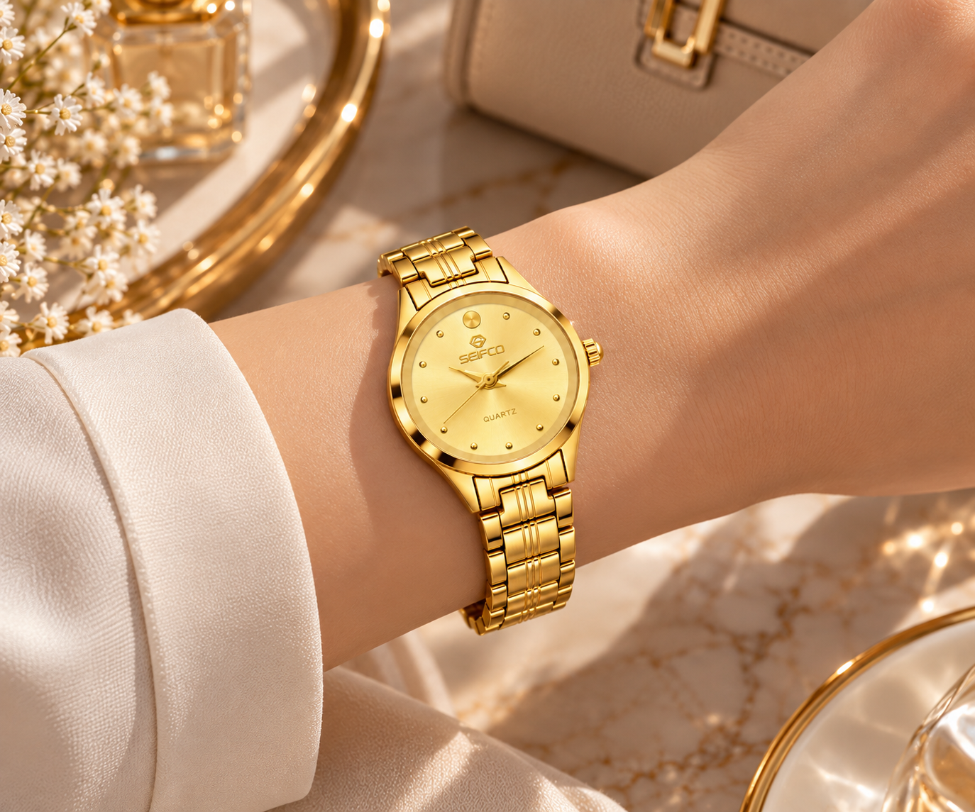 SEIFCO Classic Women’s Stainless Steel Quartz Watch with Gold Dial and Gold Bracelet - الصورة 2