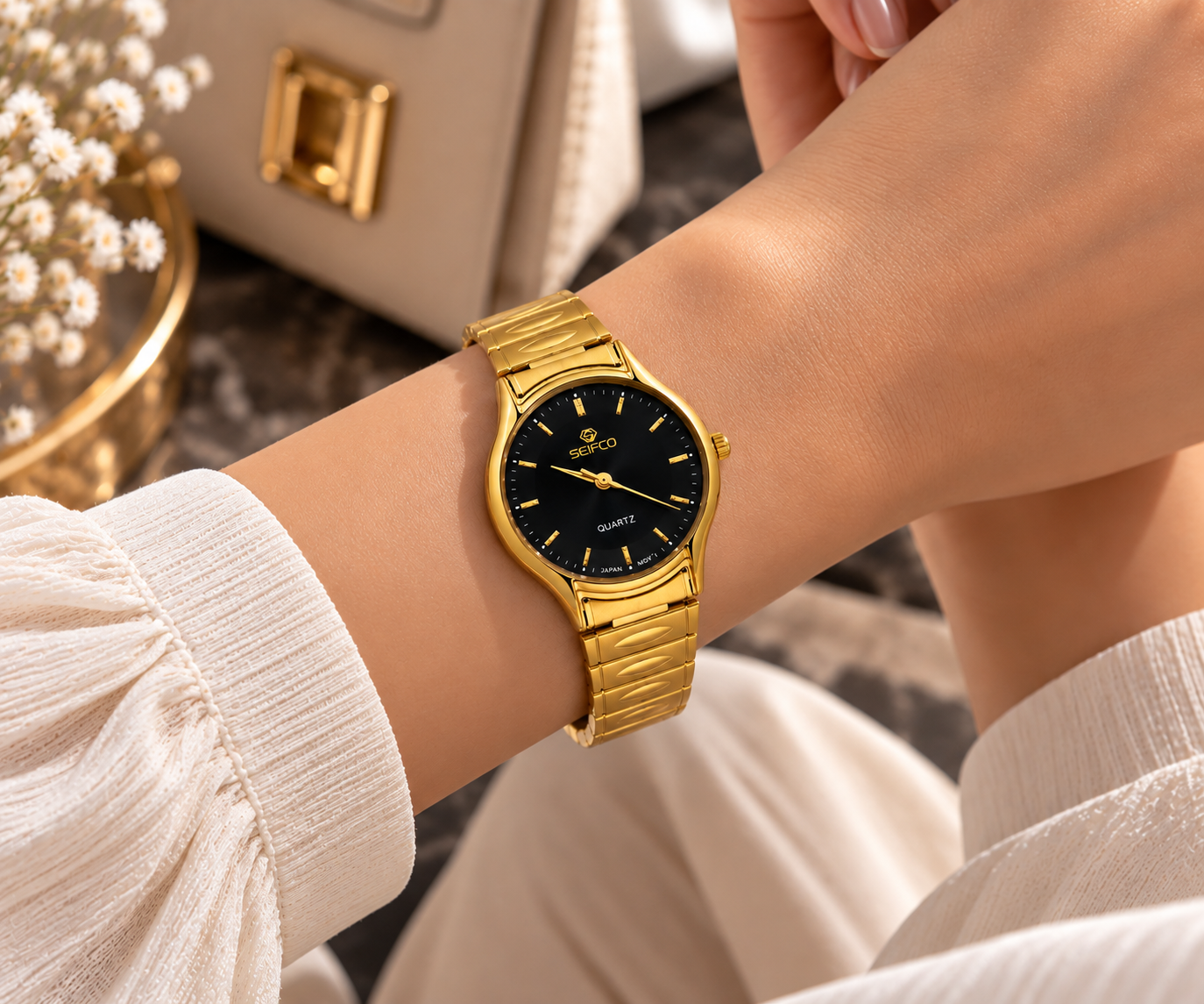 Seifco unisex Quartz Watch, Black Dial, Gold Stainless Steel Bracelet - الصورة 2