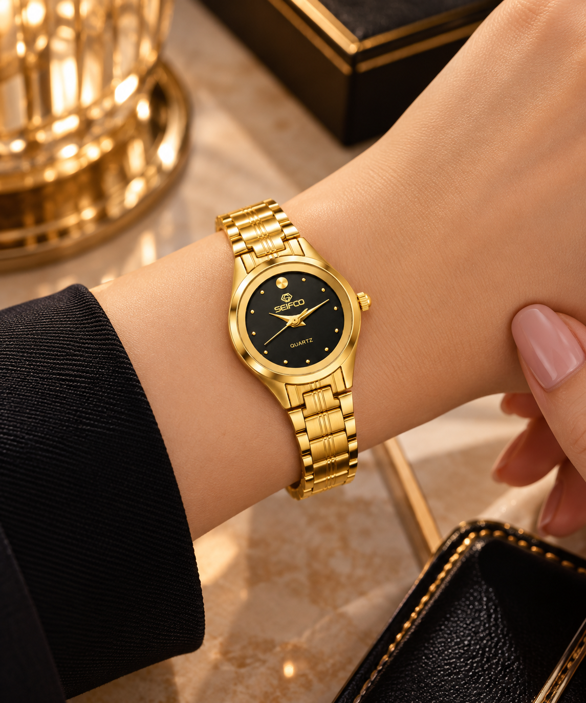SEIFCO Classic Women’s Stainless Steel Quartz Watch with Black Dial and Gold Bracelet - الصورة 2