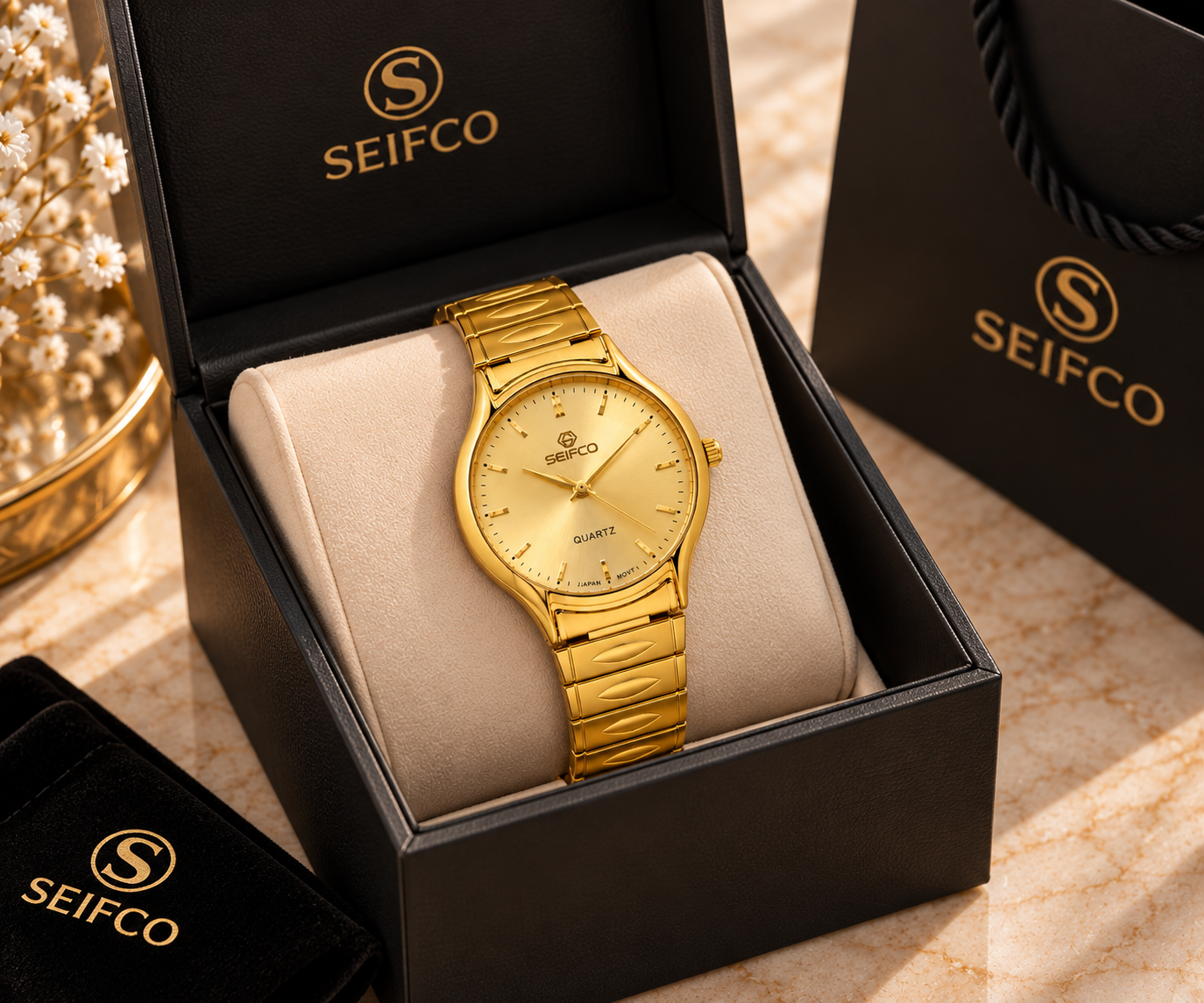 Seifco unisex Quartz Watch, Gold Dial, Gold Stainless Steel Bracelet - الصورة 4
