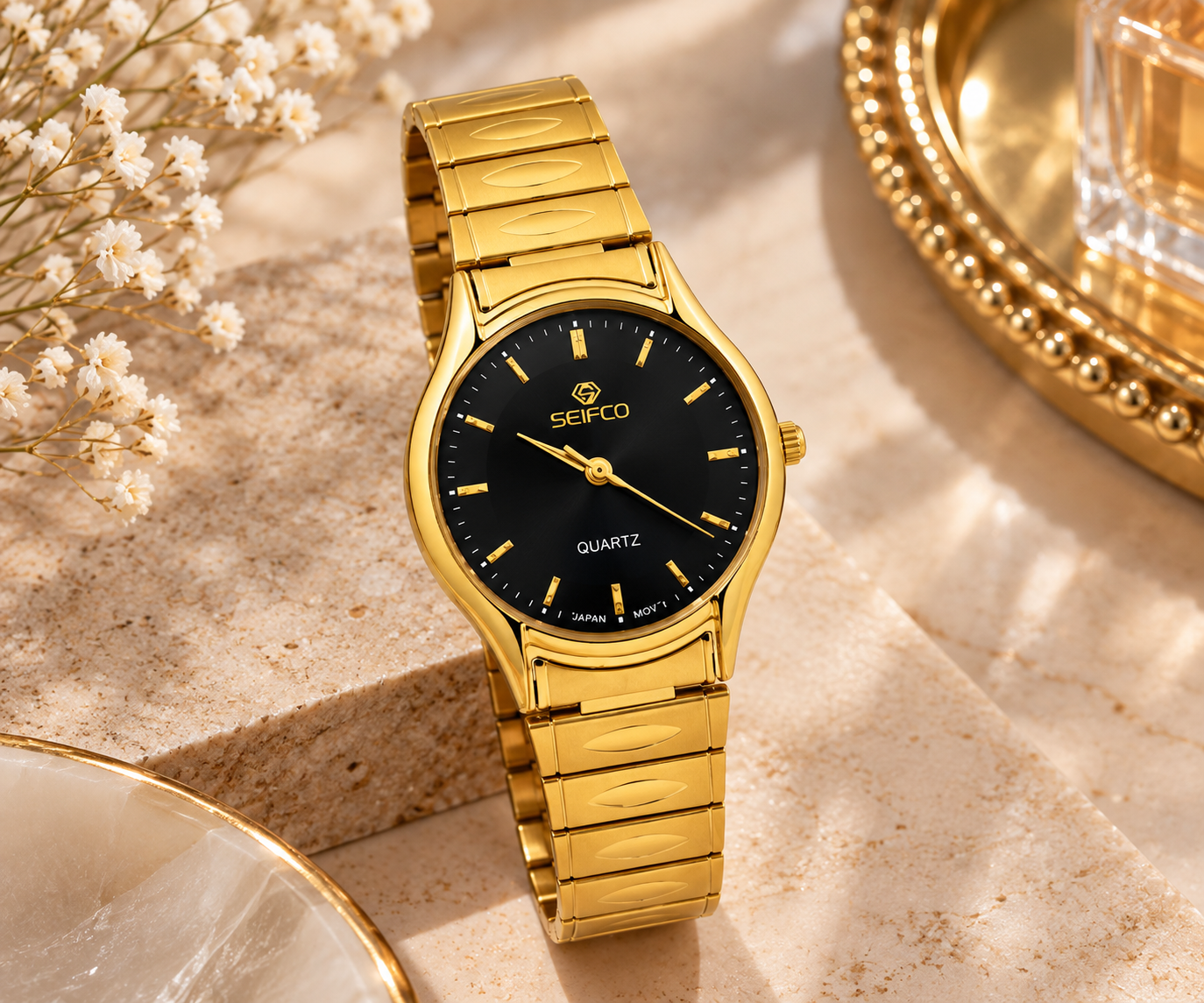 Seifco unisex Quartz Watch, Black Dial, Gold Stainless Steel Bracelet - الصورة 3