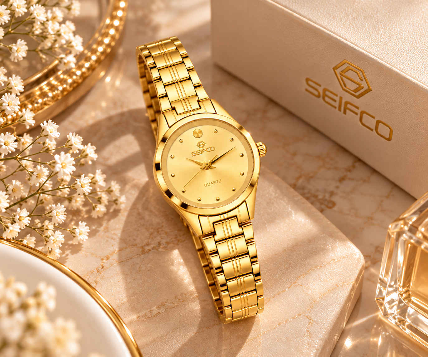 SEIFCO Classic Women’s Stainless Steel Quartz Watch with Gold Dial and Gold Bracelet - الصورة 3