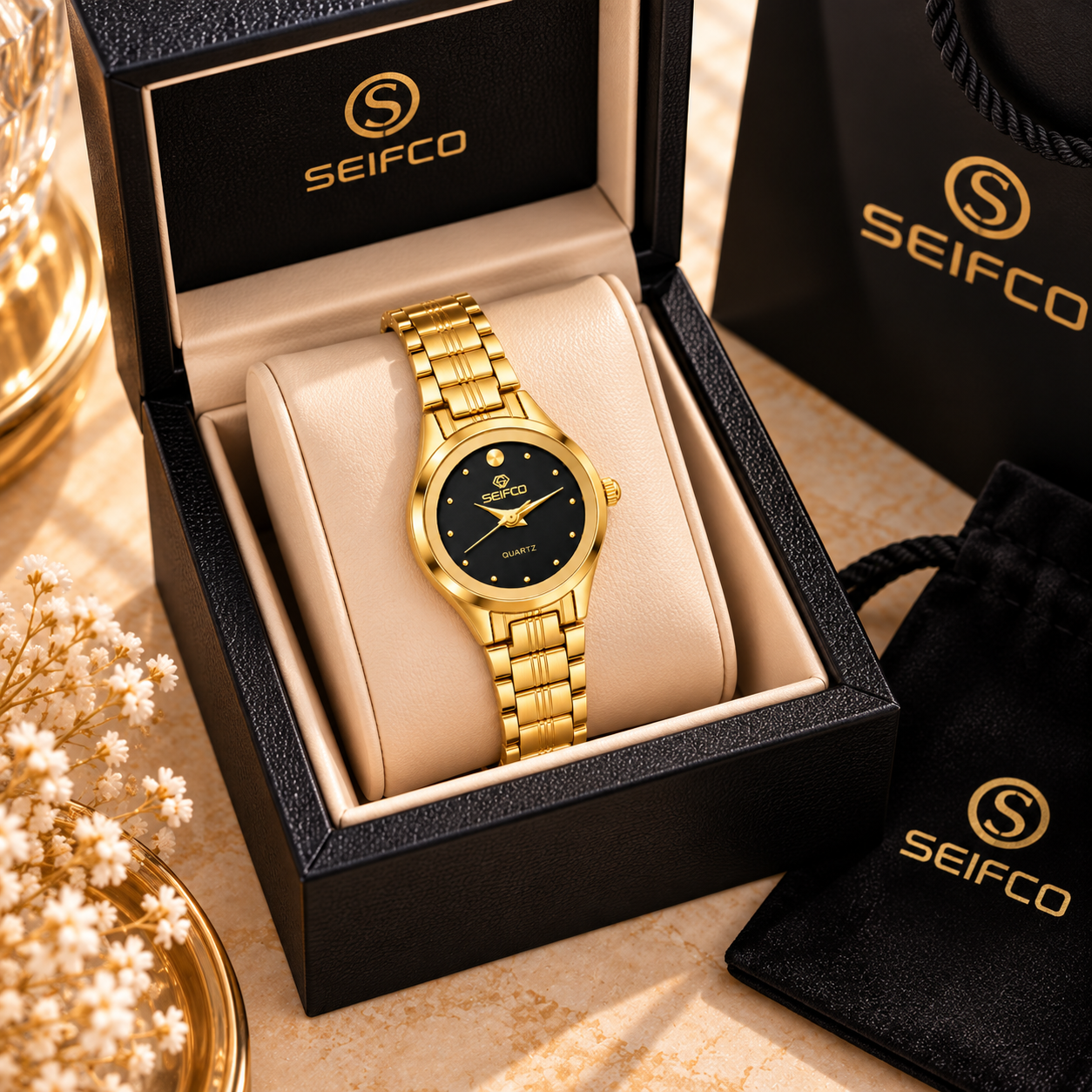 SEIFCO Classic Women’s Stainless Steel Quartz Watch with Black Dial and Gold Bracelet - الصورة 4