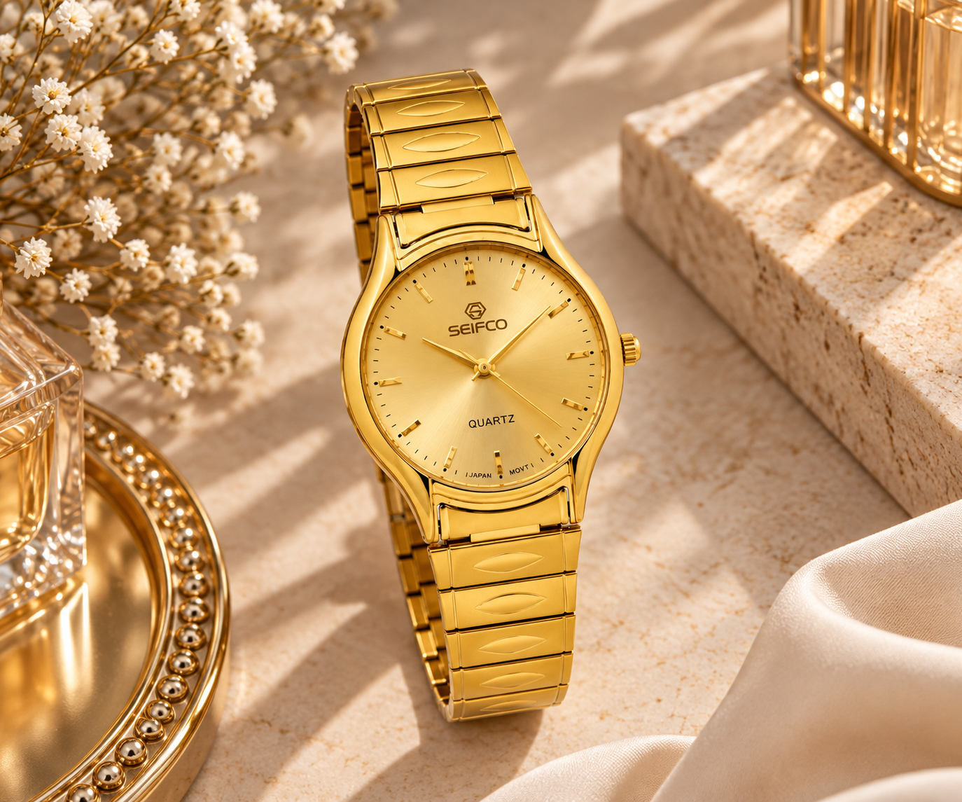 Seifco unisex Quartz Watch, Gold Dial, Gold Stainless Steel Bracelet - الصورة 3