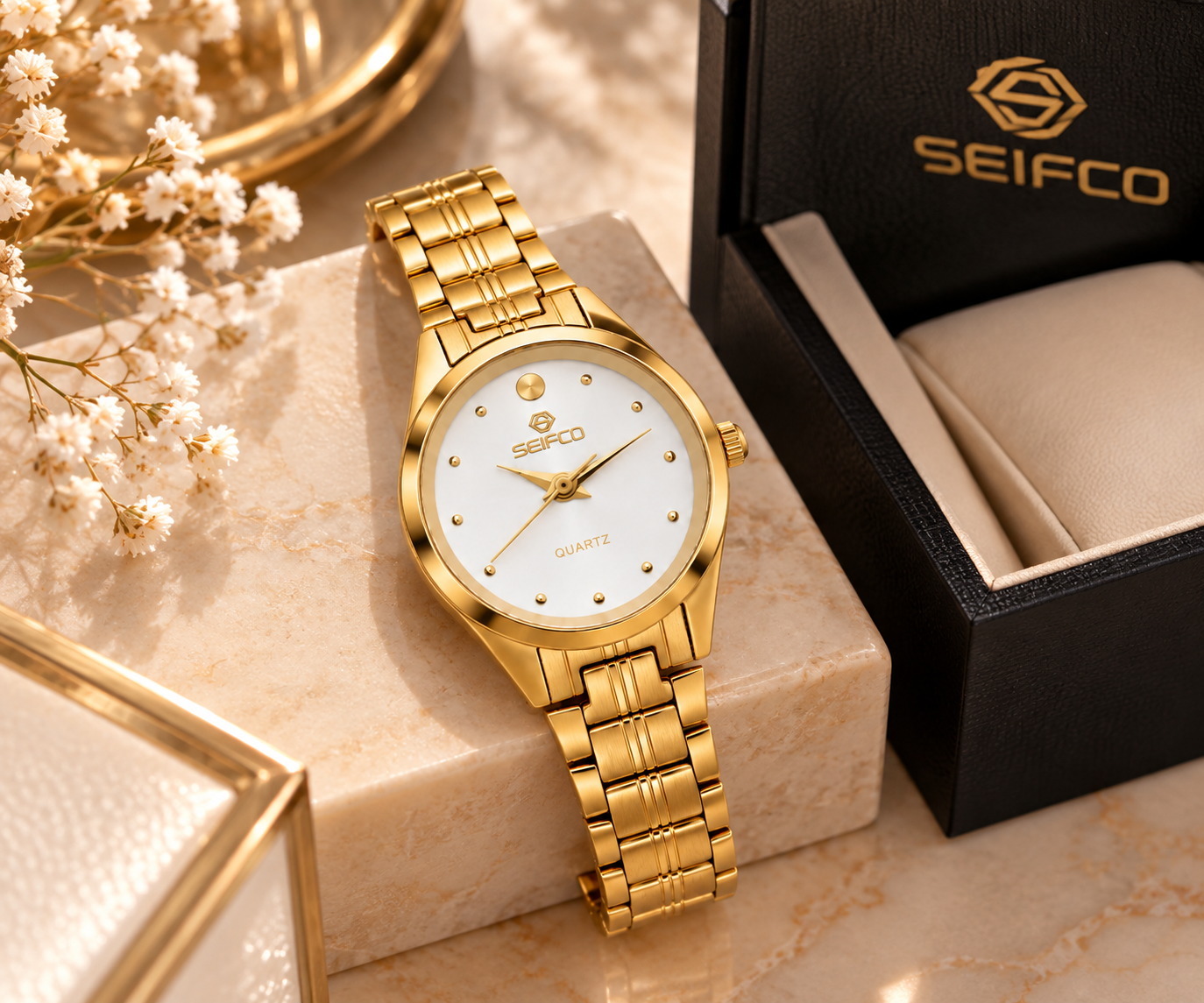 SEIFCO Classic Women’s Stainless Steel Quartz Watch with White Dial and Gold Bracelet - الصورة 3