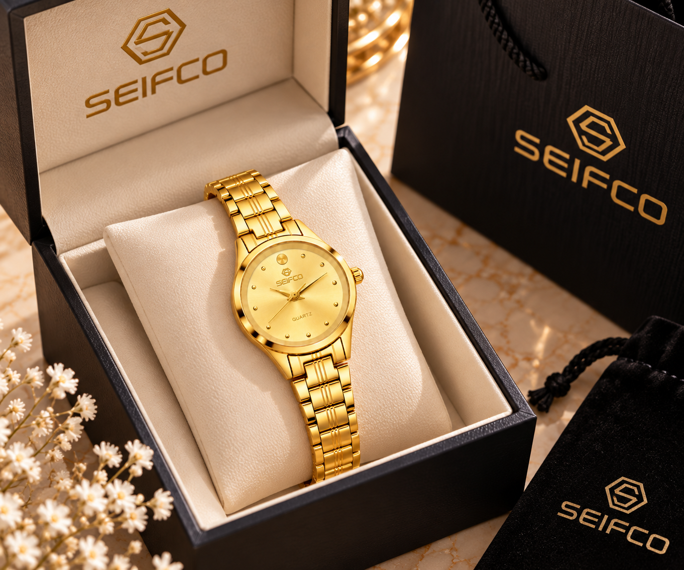 SEIFCO Classic Women’s Stainless Steel Quartz Watch with Gold Dial and Gold Bracelet - الصورة 4