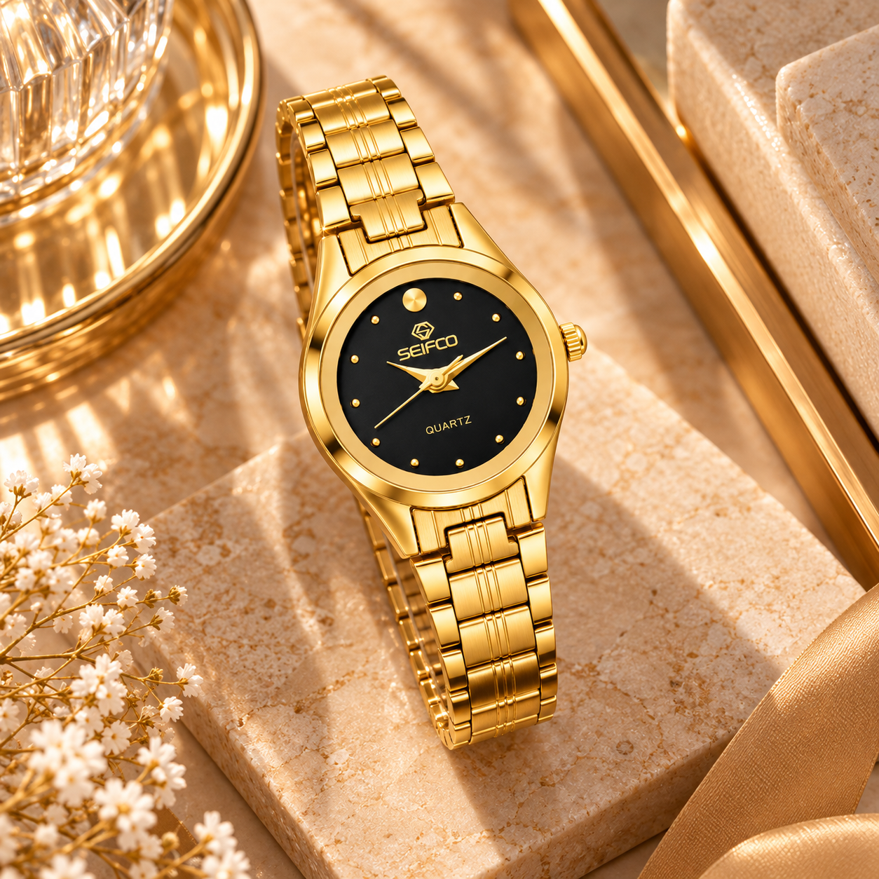 SEIFCO Classic Women’s Stainless Steel Quartz Watch with Black Dial and Gold Bracelet - الصورة 3