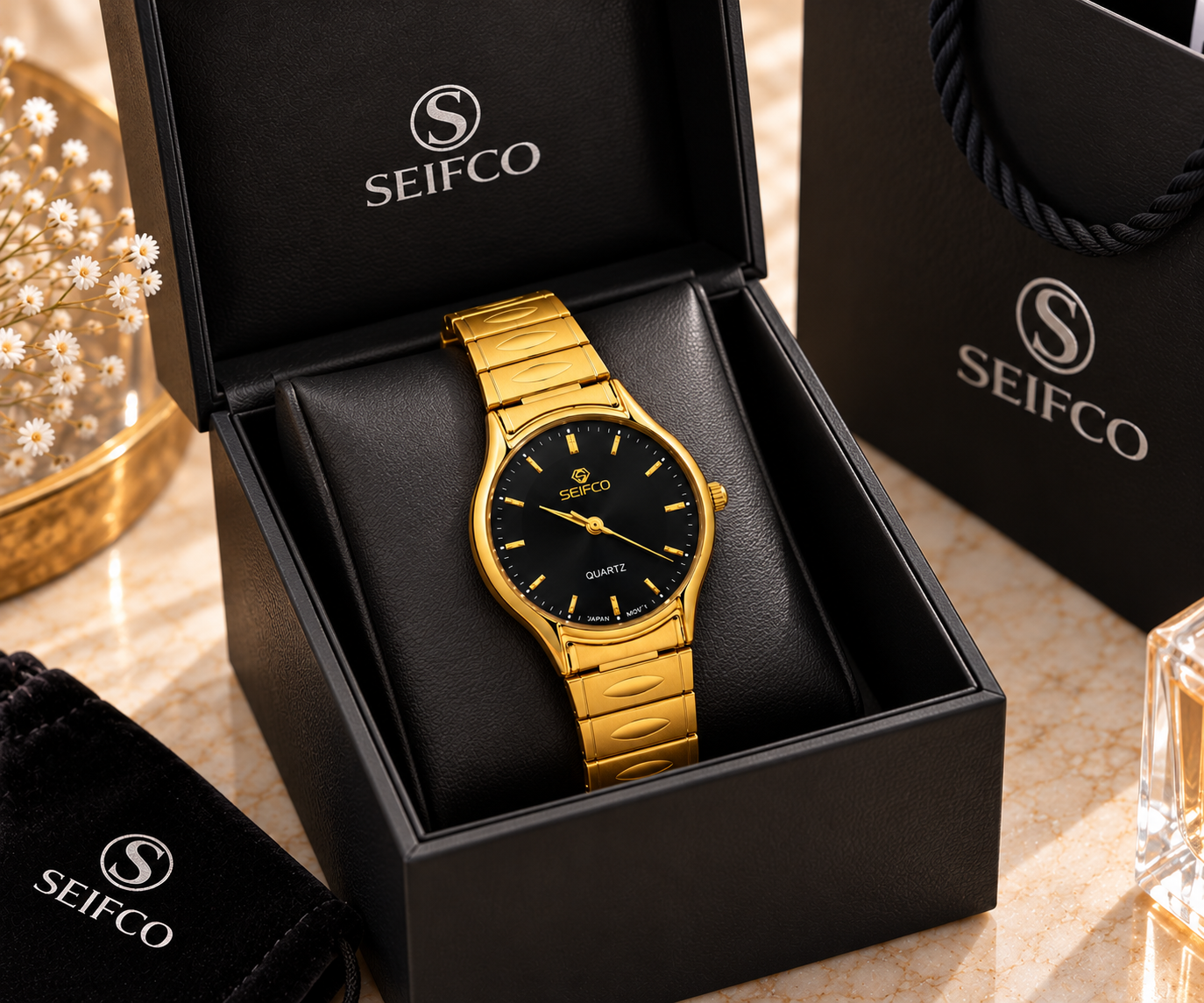 Seifco unisex Quartz Watch, Black Dial, Gold Stainless Steel Bracelet - الصورة 4