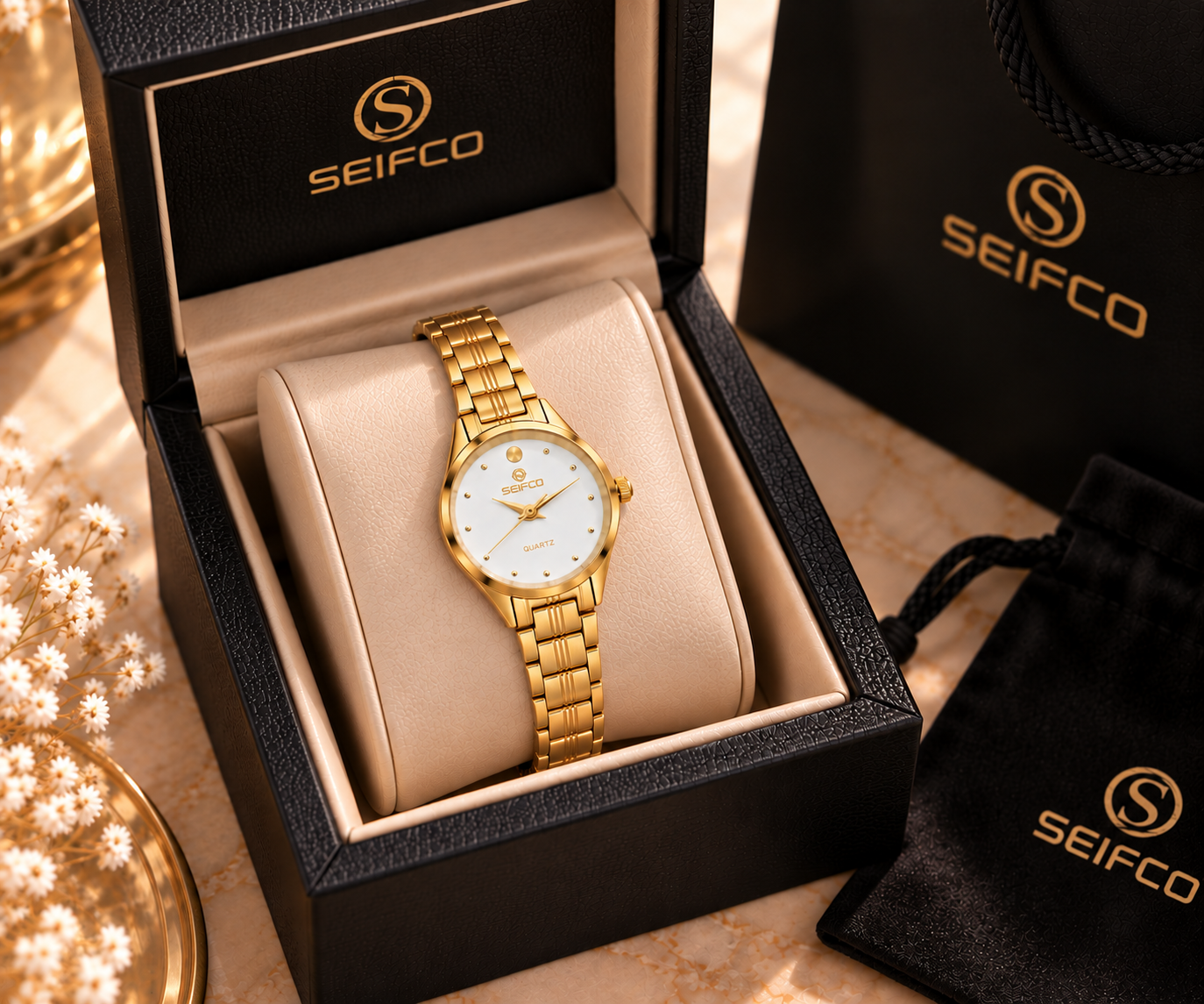 SEIFCO Classic Women’s Stainless Steel Quartz Watch with White Dial and Gold Bracelet - الصورة 4
