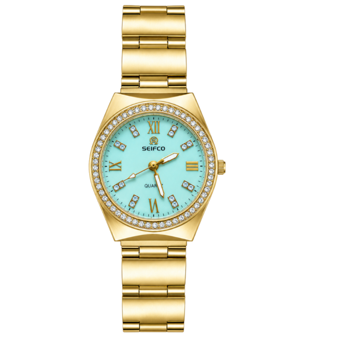 SEIFCO Elegant Women's Slim Stainless Steel Watch with Turquoise Dial and Crystal Bezel