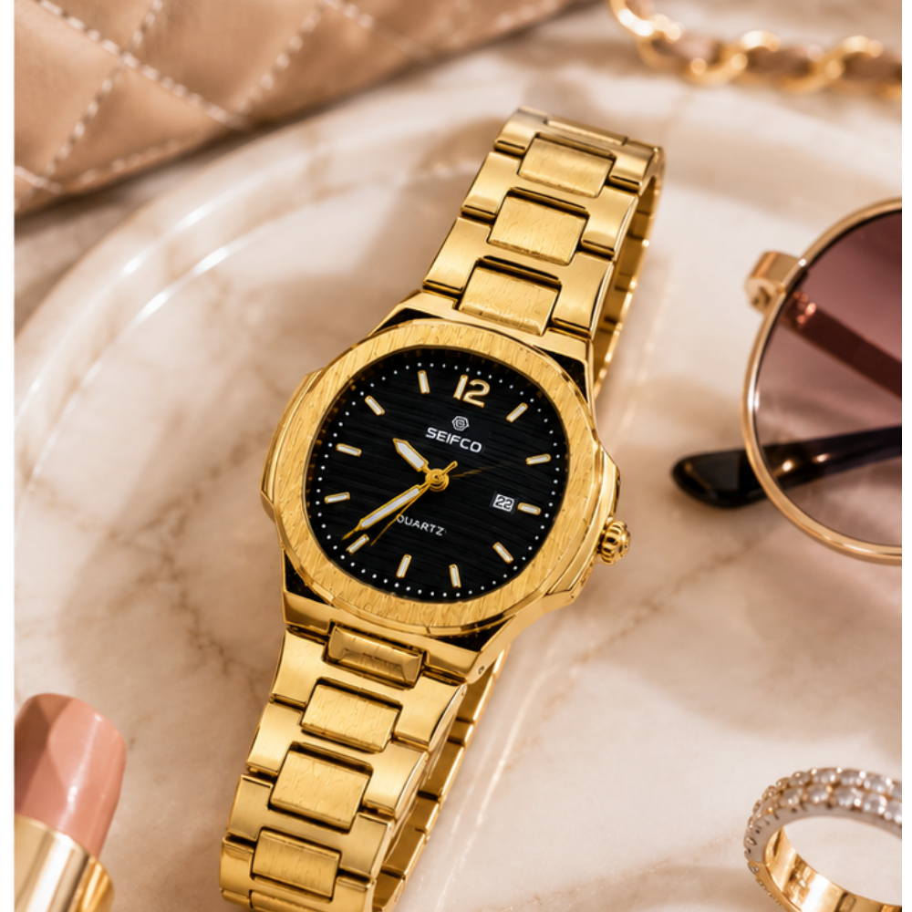 SEIFCO Classic Women Stainless Steel Quartz Watch, Black Dial, Gold - الصورة 3