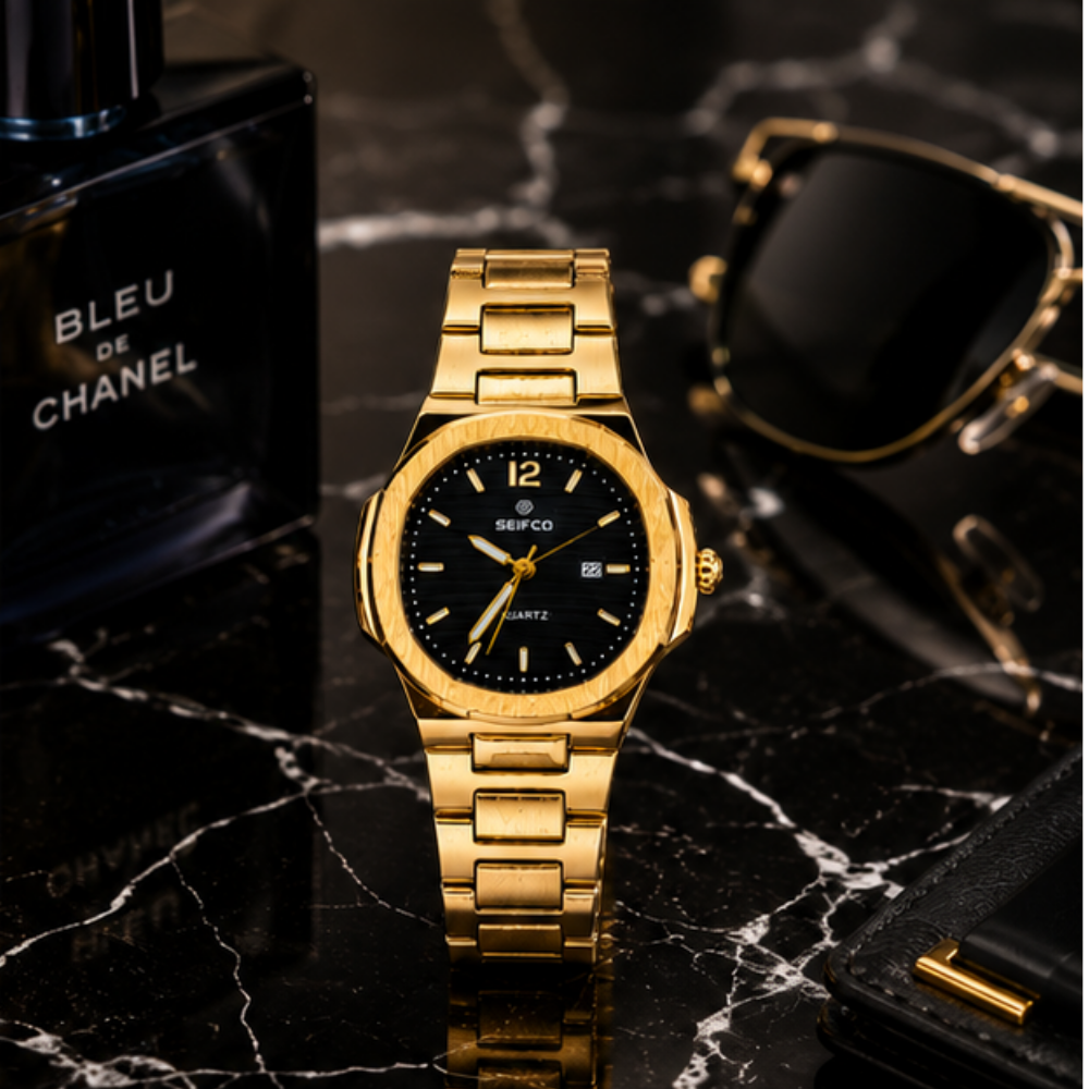 SEIFCO Classic Men's Stainless Steel Quartz Watch, Black Dial, Gold - الصورة 5