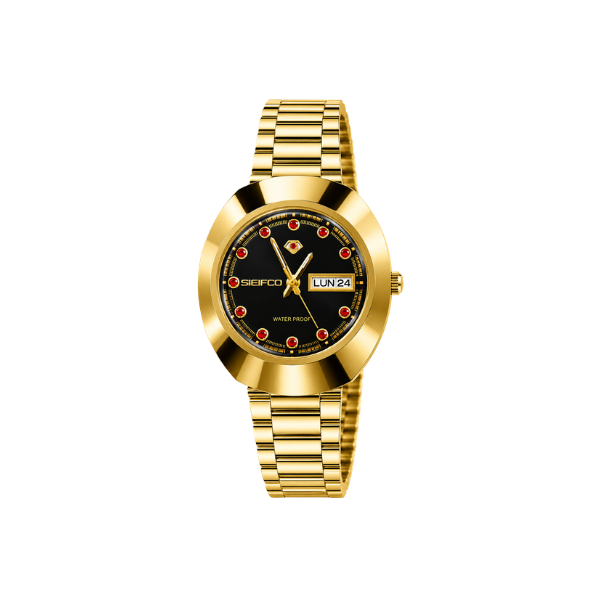 SEIFCO Classic Unisex Stainless Steel Watch with Black Dial, Red Crystal Markers