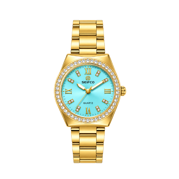 SEIFCO Elegant Women's Slim Stainless Steel Watch with Turquoise Dial and Crystal Bezel