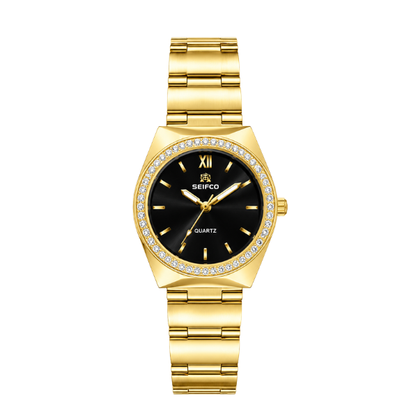 SEIFCO Elegant Women's Slim Stainless Steel Watch with Black Dial and Crystal Bezel