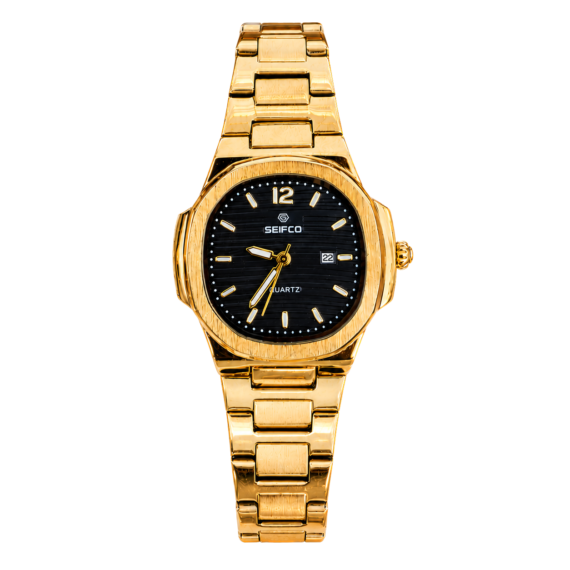 SEIFCO Classic Men's Stainless Steel Quartz Watch, Black Dial, Gold