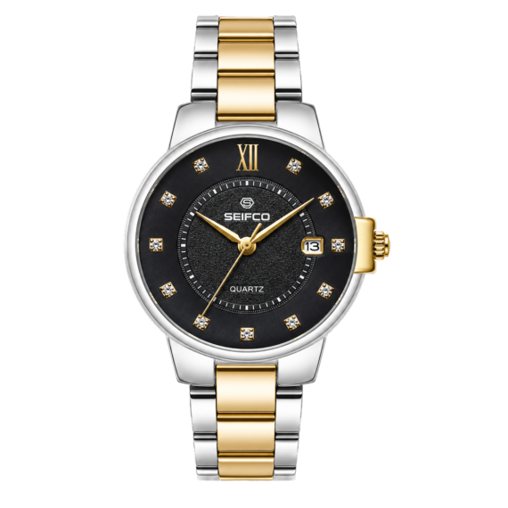SEIFCO Classic Men's Stainless Steel Quartz Watch, Black Dial, Silver Gold