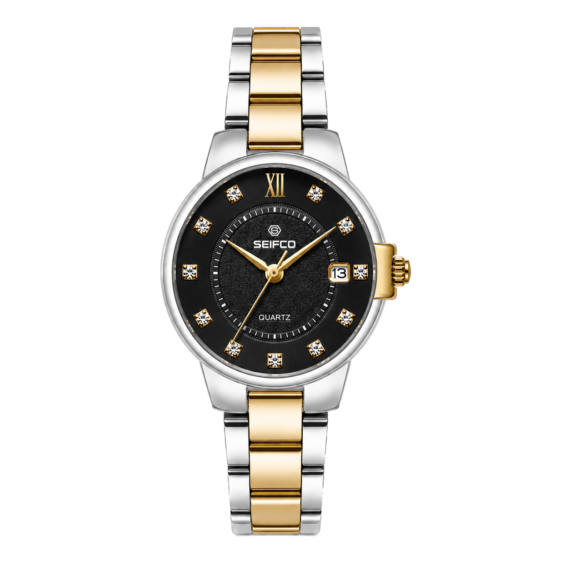 SEIFCO Classic Women Stainless Steel Quartz Watch, Black Dial, Silver Gold