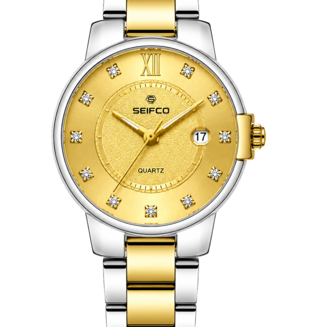 SEIFCO Classic Men's Stainless Steel Quartz Watch, Gold Dial, Silver Gold