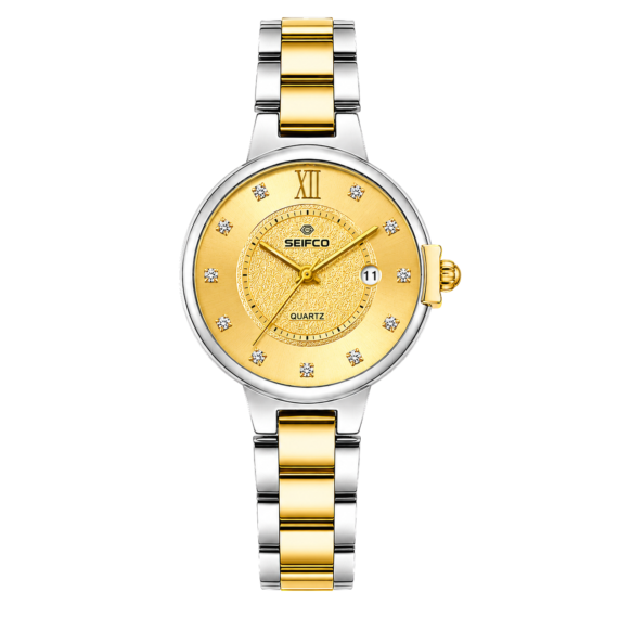 SEIFCO Classic women Stainless Steel Quartz Watch, Gold Dial, Silver Gold