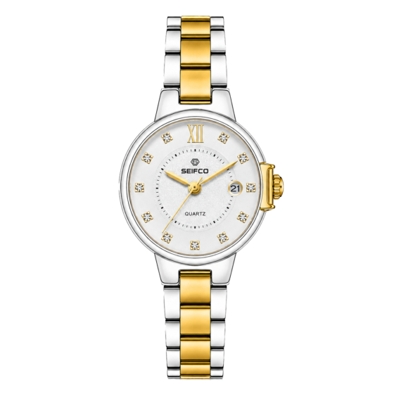 SEIFCO Classic women Stainless Steel Quartz Watch, White Dial, Silver Gold